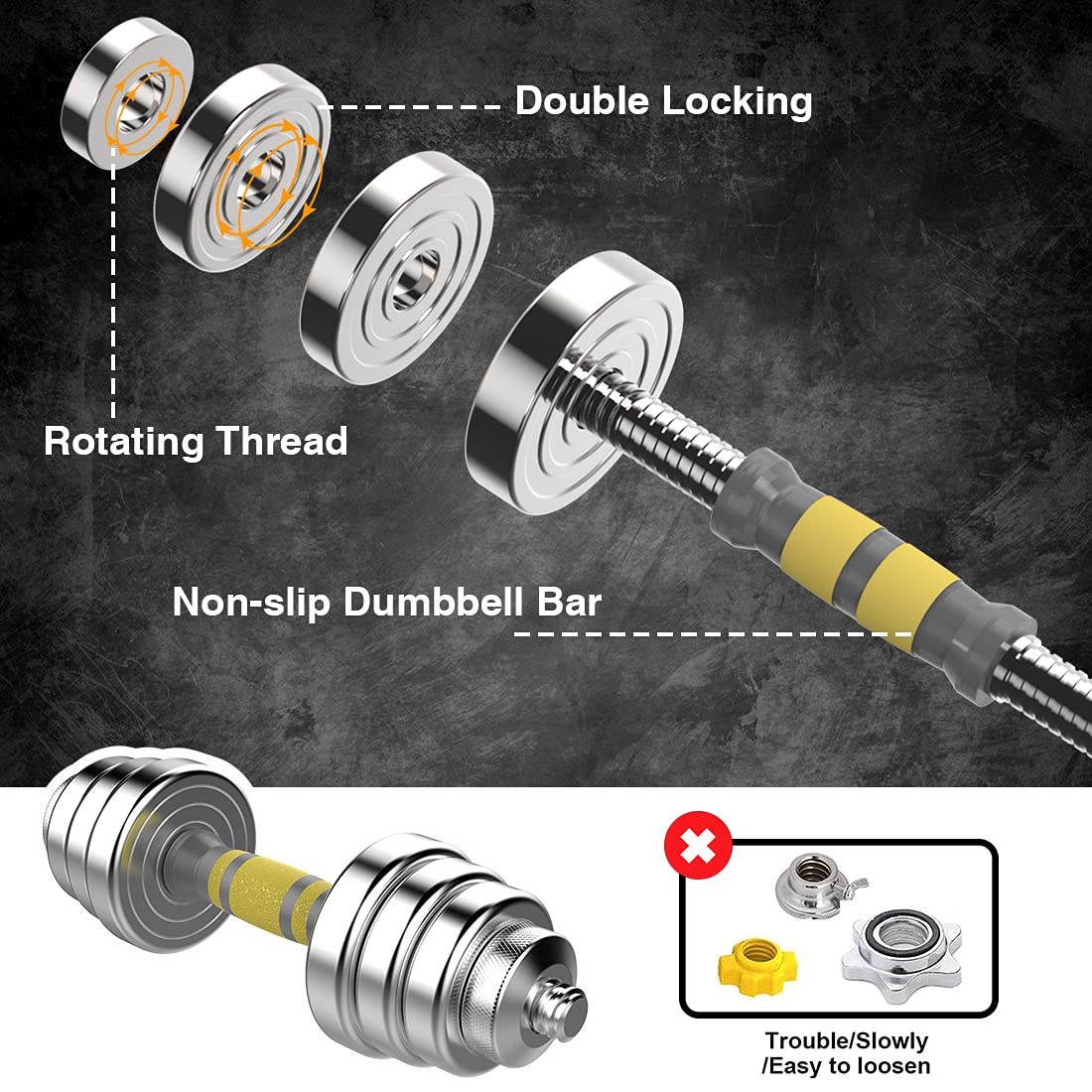 PHOEROS Adjustable Dumbbell Set - 44/66/88 LBS weights set, Dumbbell Barbell 3 in 1, Steel Dumbbells Pair with Connecting Rod for Adults Women Men Fitness Workout, Home Gym Exercise Training Equipment (44lbs)