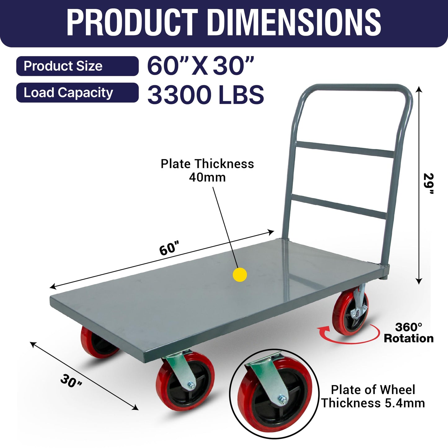 5Seconds Flatbed Platform Cart 3300LB Industrial Dolly Heavy Duty 60” x 30” Hand Push Truck Super Heavy Duty Flatbed 8'' Locked Swivel Wheels Commercial Moving