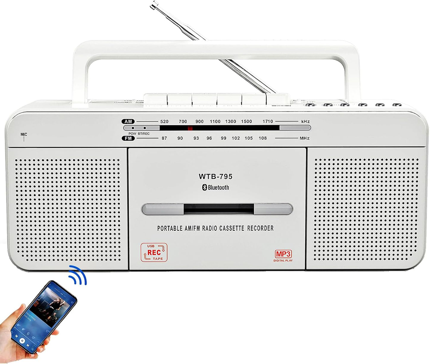 WISCENT Cassette Cassettes/USB Mic,Cassette MP3 Player Boombox, Portable AM/FM Radio Stereo with Bluetooth, USB, Dual