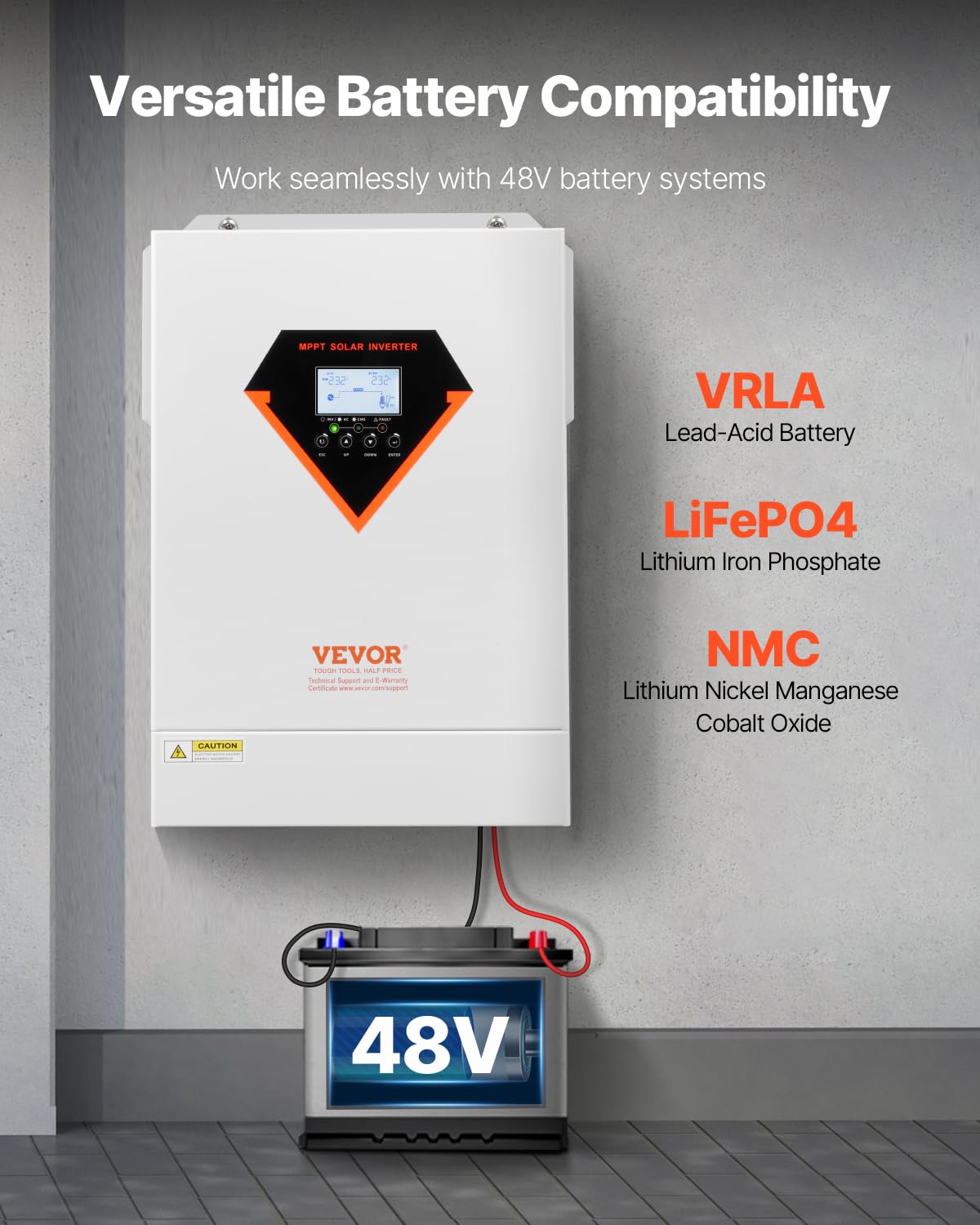 VEVOR Hybrid Solar Inverter, 6000W, Single Phase Pure Sine Wave Power Inverter, 48V DC to 220/230V AC, with Built-in 120A MPPT Solar Charge Controller, for Off-Grid System Lead Acid Lithium Battery