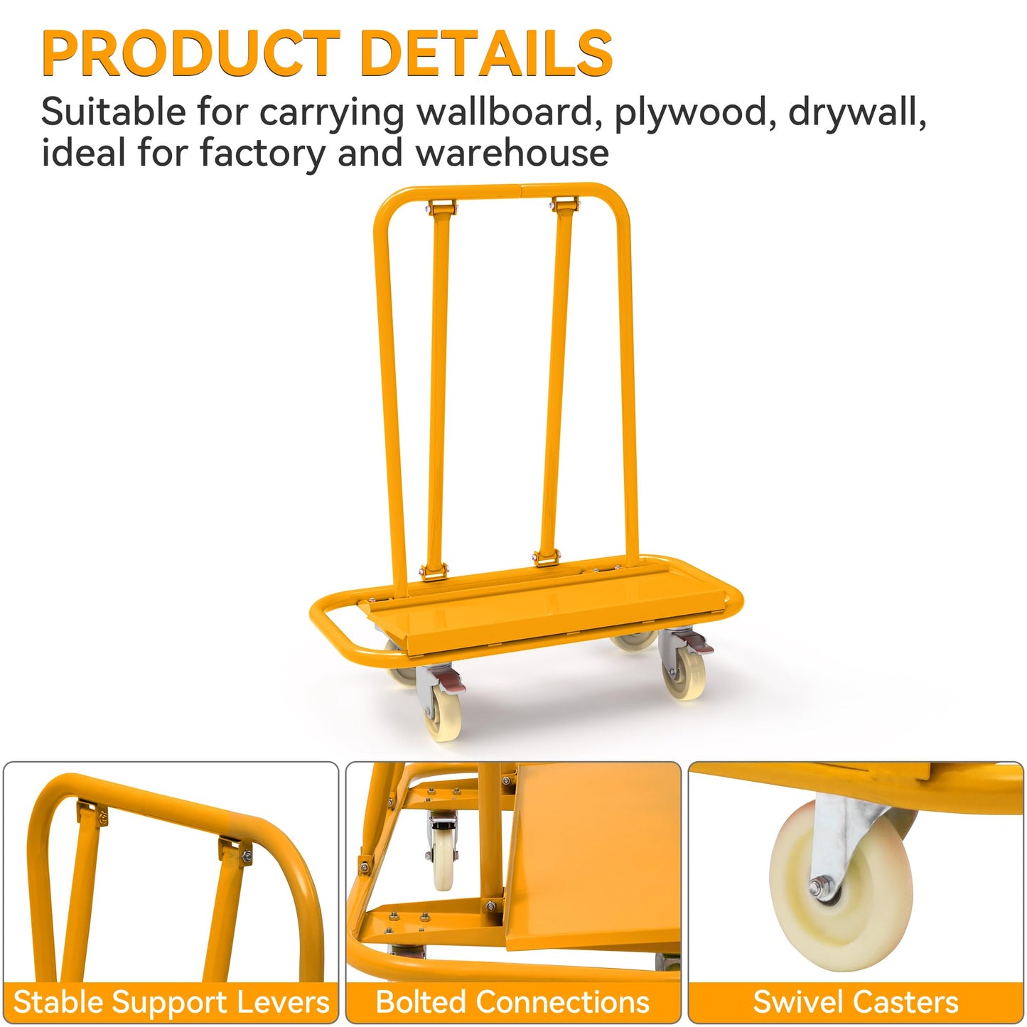 YINTATECH 3000lbs Drywall Cart Dolly, Heavy Duty Drywall Sheet Cart with 4 Swivel Wheels, Panel Dolly for Plywood, Sheetrock, Wall Panels, Lumber, Orange