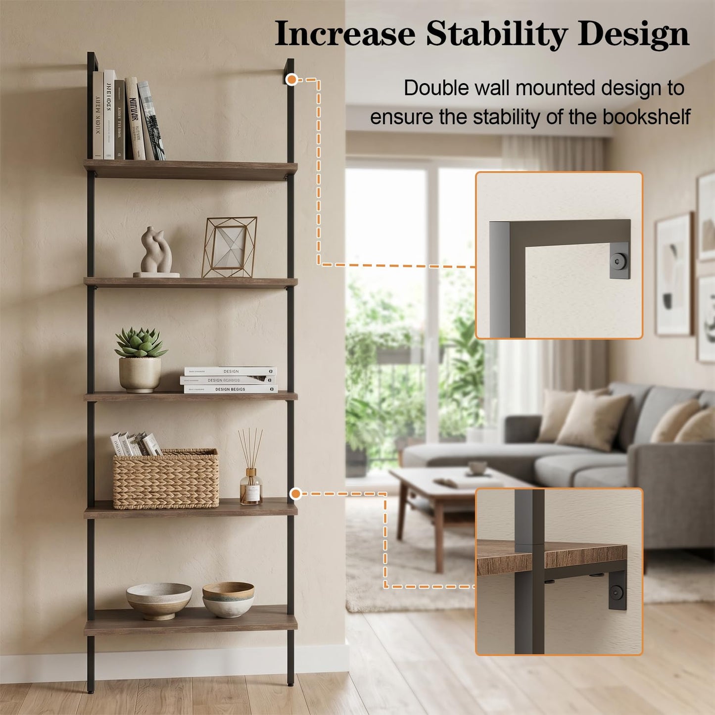 Wolawu 5 Tiers Ladder Shelf 2-Piece Black Modern Tall Bookshelf Open Large Tall Wall Mount Storage Bookcase Standing Leaning Wall Shelves Industrial Decorative (Brown)