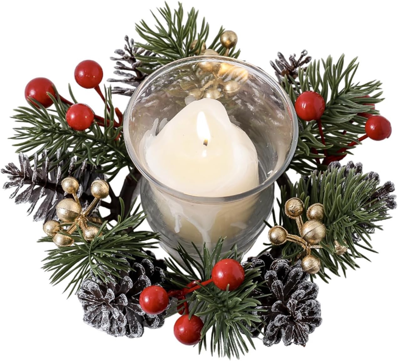 Skiennix Christmas Candle Rings - Elegant Gold & Red Floral Wreaths with Pinecones | Set of 2