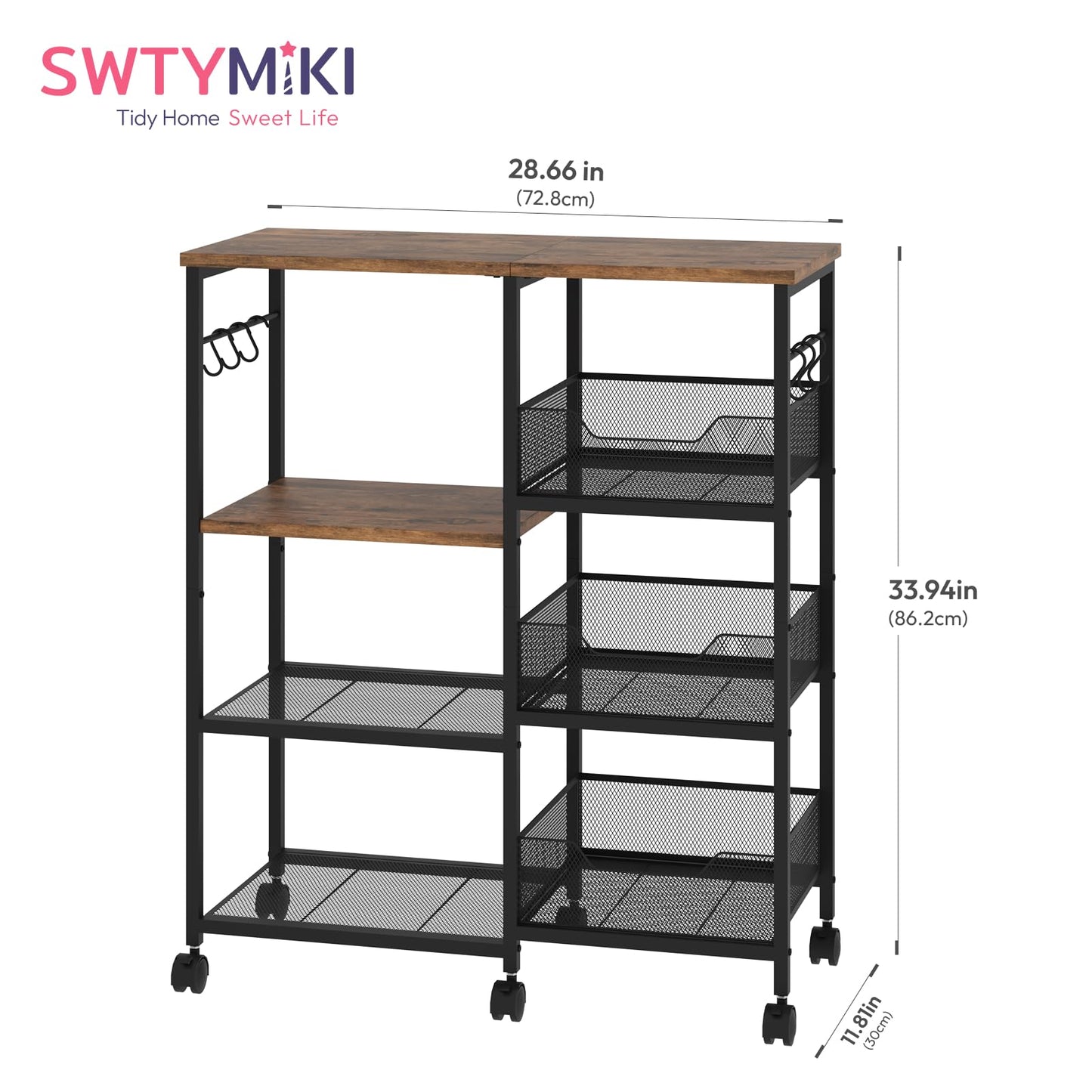SWTYMIKI Kitchen Island Cart on Wheels - 4 Tier Rolling Kitchen Table Cart with Storage Shelves, 6 Removable Hooks& Locking Casters, Coffee Bar Cabinet for Dining Room Pantry Office, Espresso