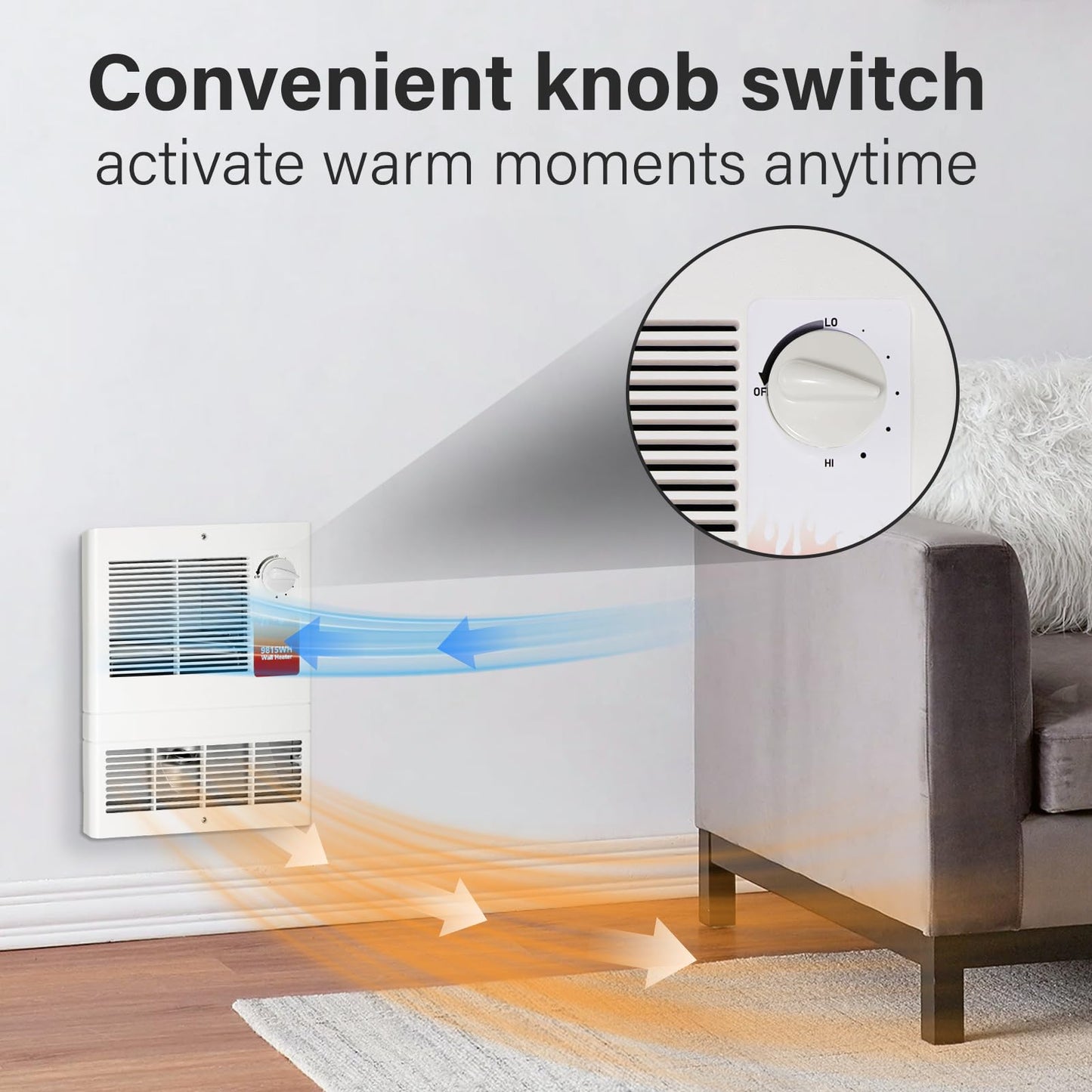 9815WH Large Capacity Electric Wall Heater with Built-in Adjustable Thermostat and Silent Motor, Overheat Protection, 1500 Watts, 120/240 Volts, White