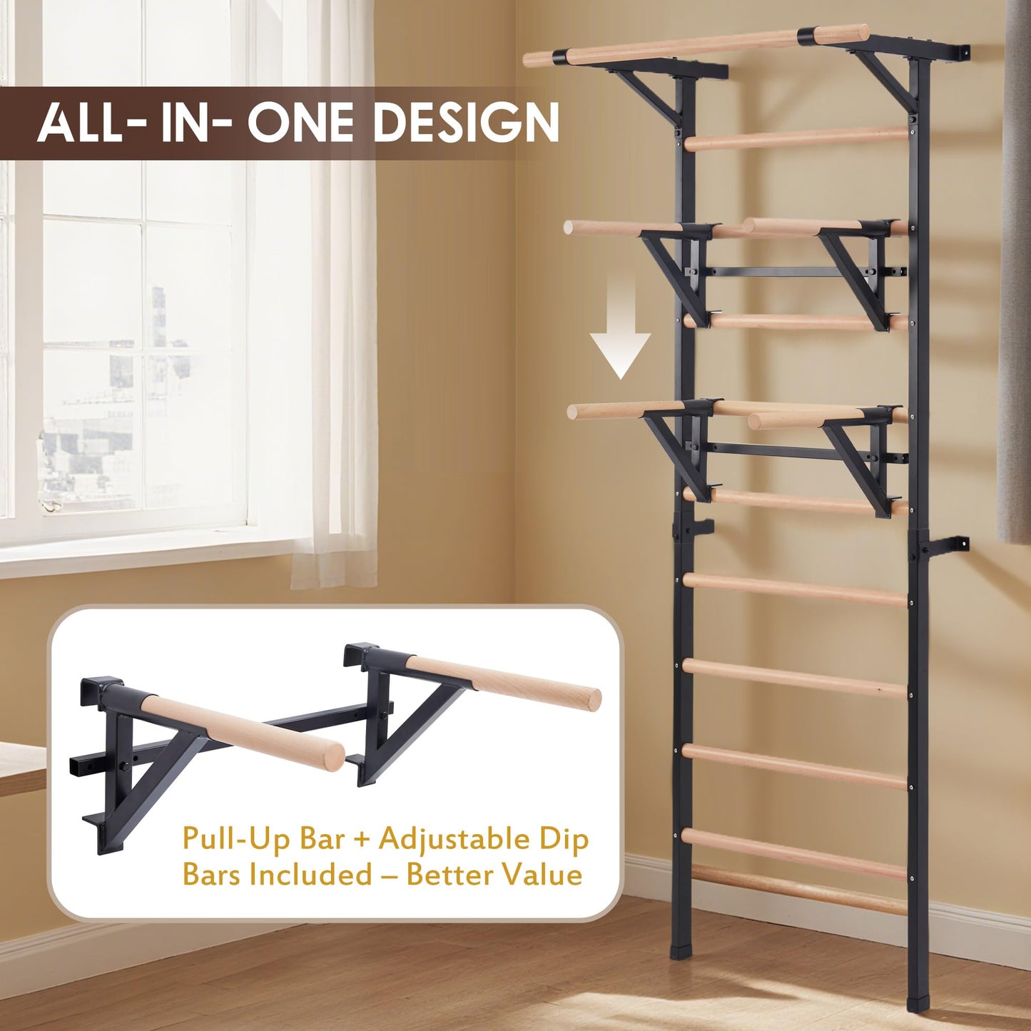 Morohope Solid Beechwood Stall Bar, 90" Swedish Ladder Wall Gym with Pull-up Bar & Dip Station, 220lbs Capacity Wall Mounted Gymnastics Ladder for Home Gym Training, Stretching & Bodyweight Exercise