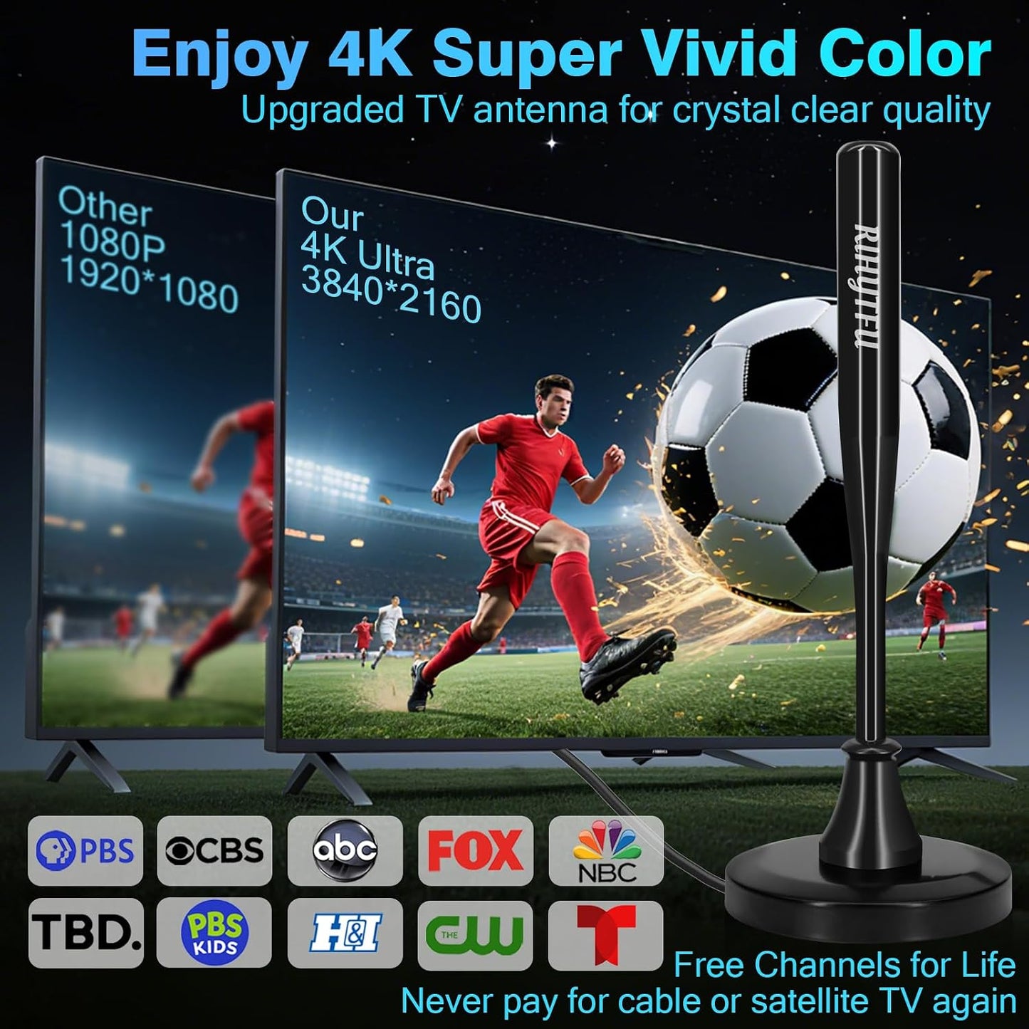 RIHYTFU 2026 16.5ft 4K 1080P TV Antenna Indoor for Local Channels, Antenna for Smart TV with Strong Magnetic Base, Long