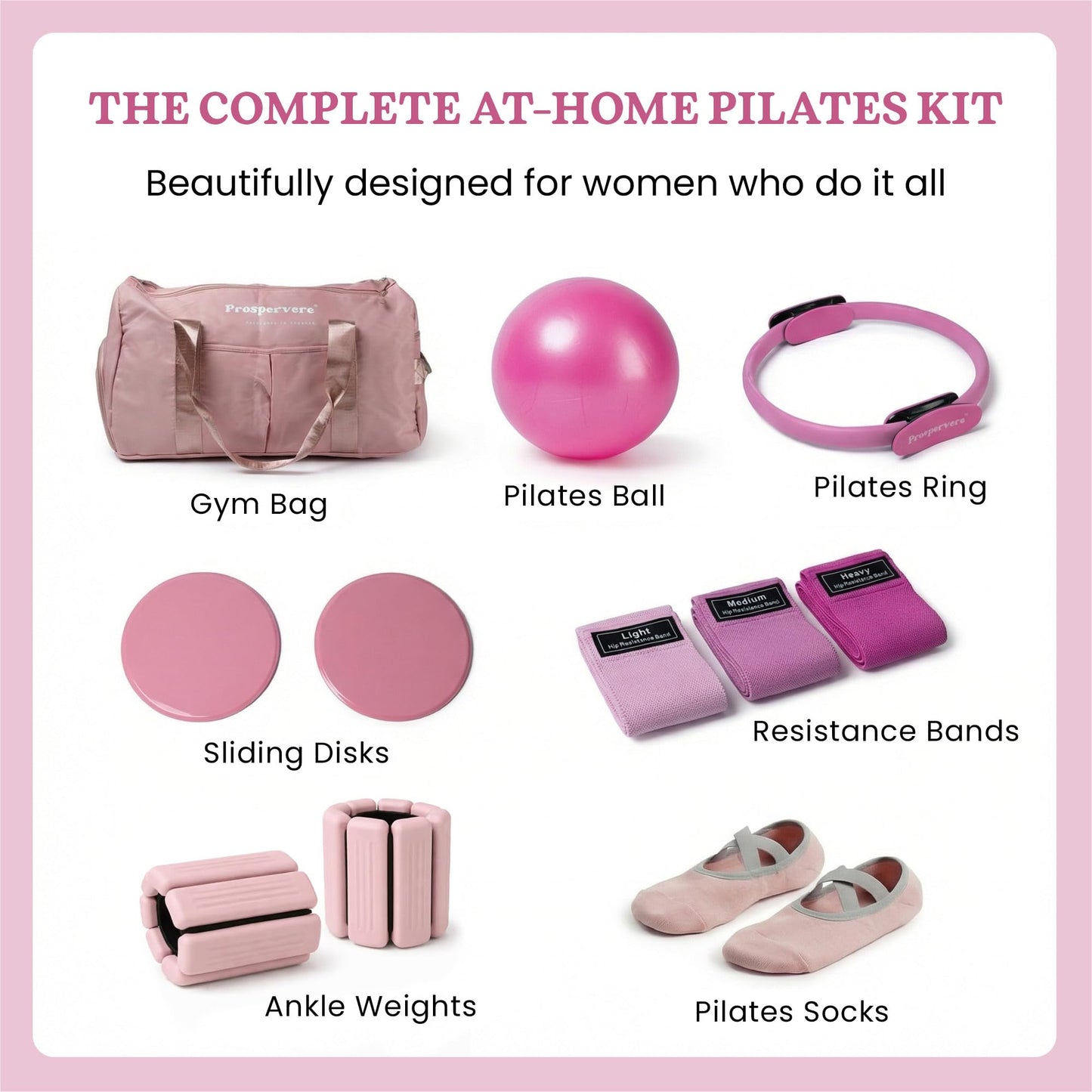 Prospervere Premium Pro Pilates Kit – 15 inch Pilates Ring and Ball Set w/ 1lb Ankle Weights, Fabric Resistance Bands, Sliders, Yoga Socks & Gym Bag – Blush Energy (Pink)