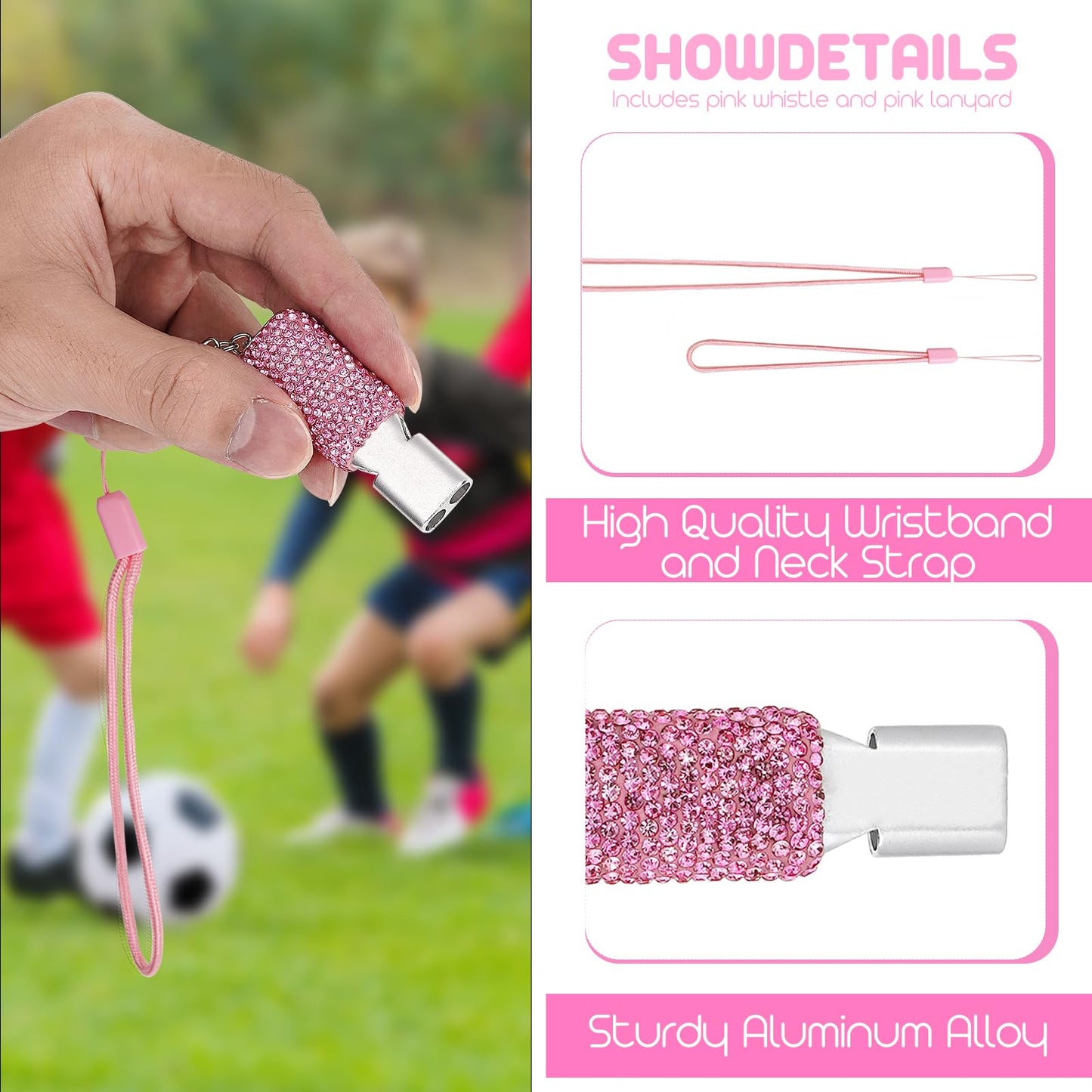 Biiange 2 Pack Bling Pink Whistle, Whistle for Coaches with Lanyard, Coaches Referee Sports Whistles, Loud Metal Sports for Coachess, Referees, and Hikers (Pink)