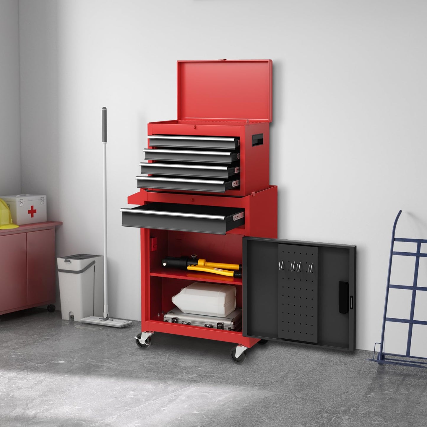 Goplus Tool Chest, 5-Drawer Rolling Tool Storage Cabinet with Detachable Top Tool Box, Liner, Universal Lockable Wheels, Adjustable Shelf, Locking Mechanism, Metal Tool Cart for Garage Workshop