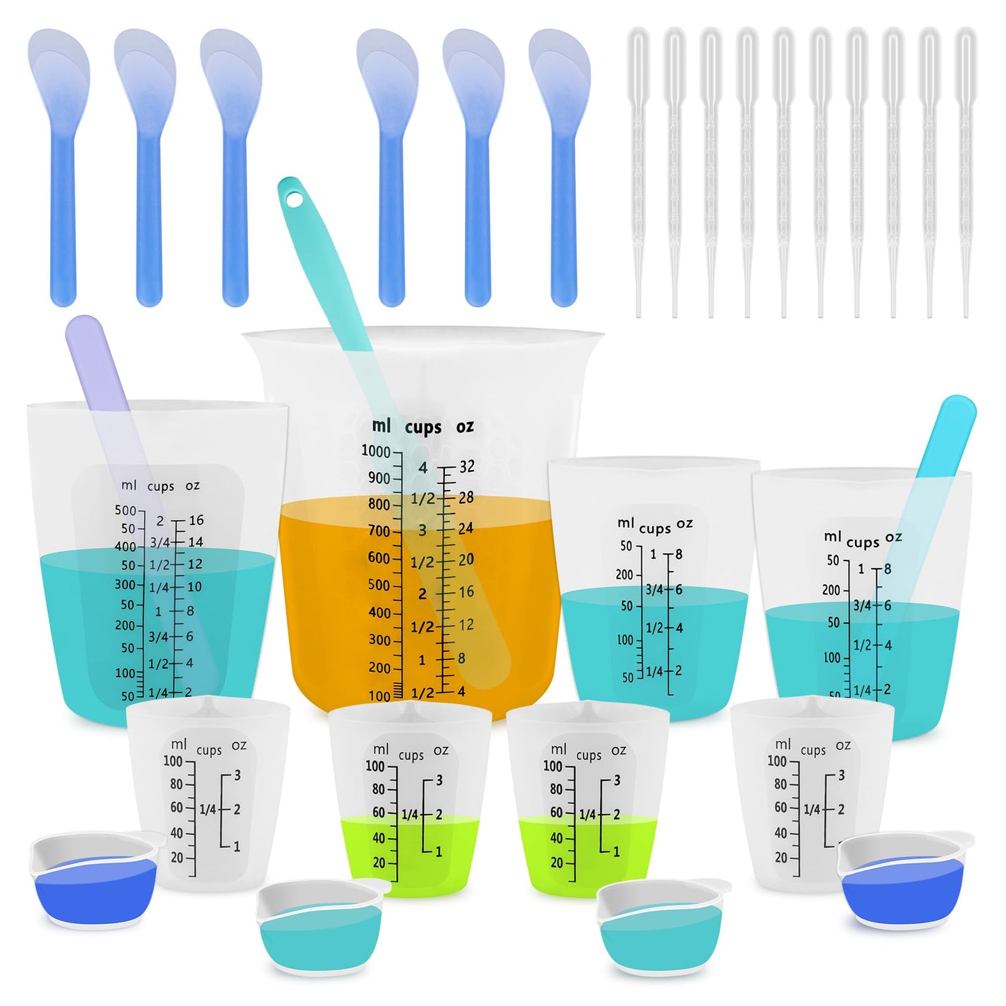 SWIGRANCE Silicone Resin Mixing 1L Measuring Cup Set for Resin Supplies, Easy-to-Read Marks, 1000ml/32oz Large Cup, 500&250&100ml Thickened Reusable Silicone Cups for Epoxy Mixing, Jewelry Making