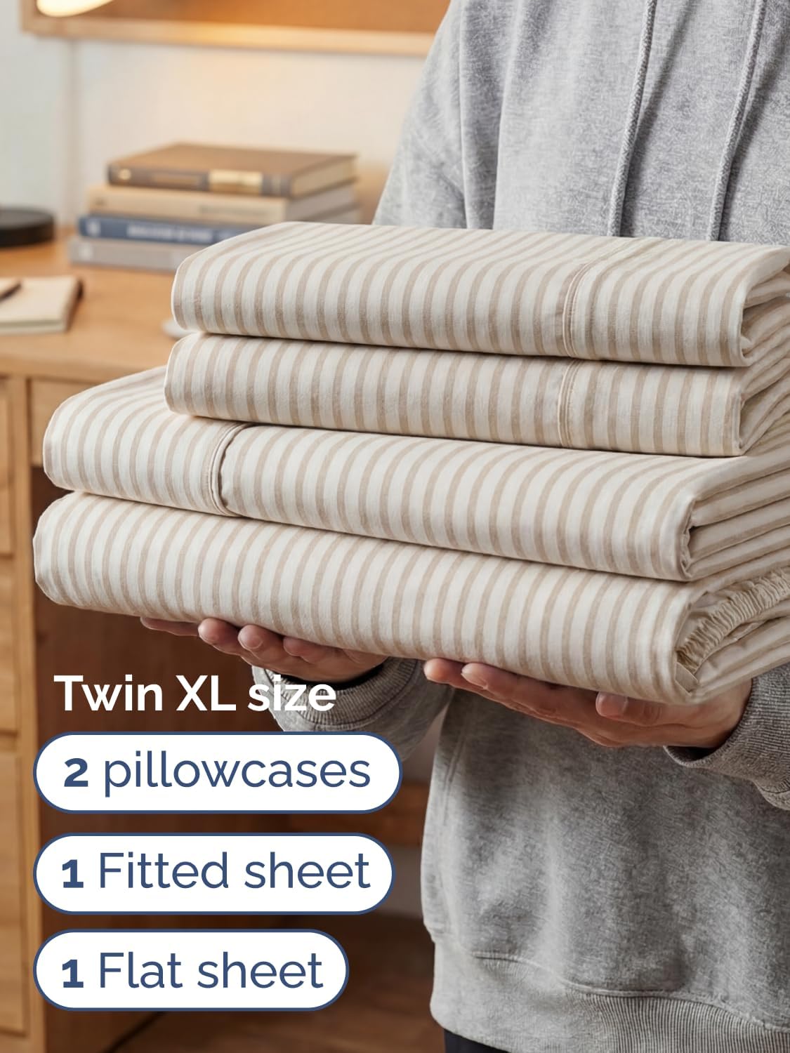 Skiennix Extra Deep Twin XL Sheet Set - 4-Piece Breathable Cooling Bedding - Soft Wrinkle-Free Beige Stripes