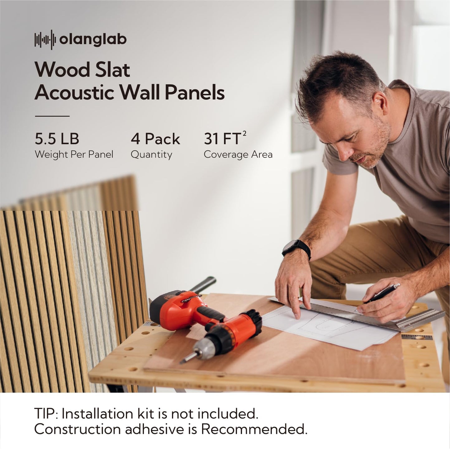 Olanglab Wood Slat Wall Panels 4 Pack, Acoustic Wall Panels, 47.24'' x 23.62" Each 3D Wall Panels for Interior Wall Decor (Light Oak-Grey Felt)