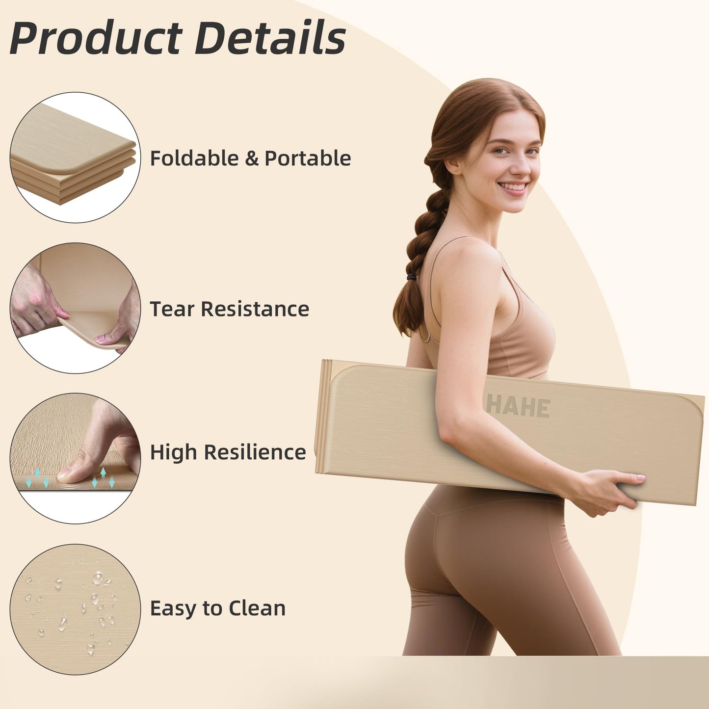 Foldable Yoga Mat, 74"Lx32"Wx1/3"Thick, Folding Exercise Mat, Non-slip Wide Pilates Mats for Home Workout/Travel, Portable Yoga Mat Thick for Yoga/Pilates/Camping/Floor Exercises (Cream)