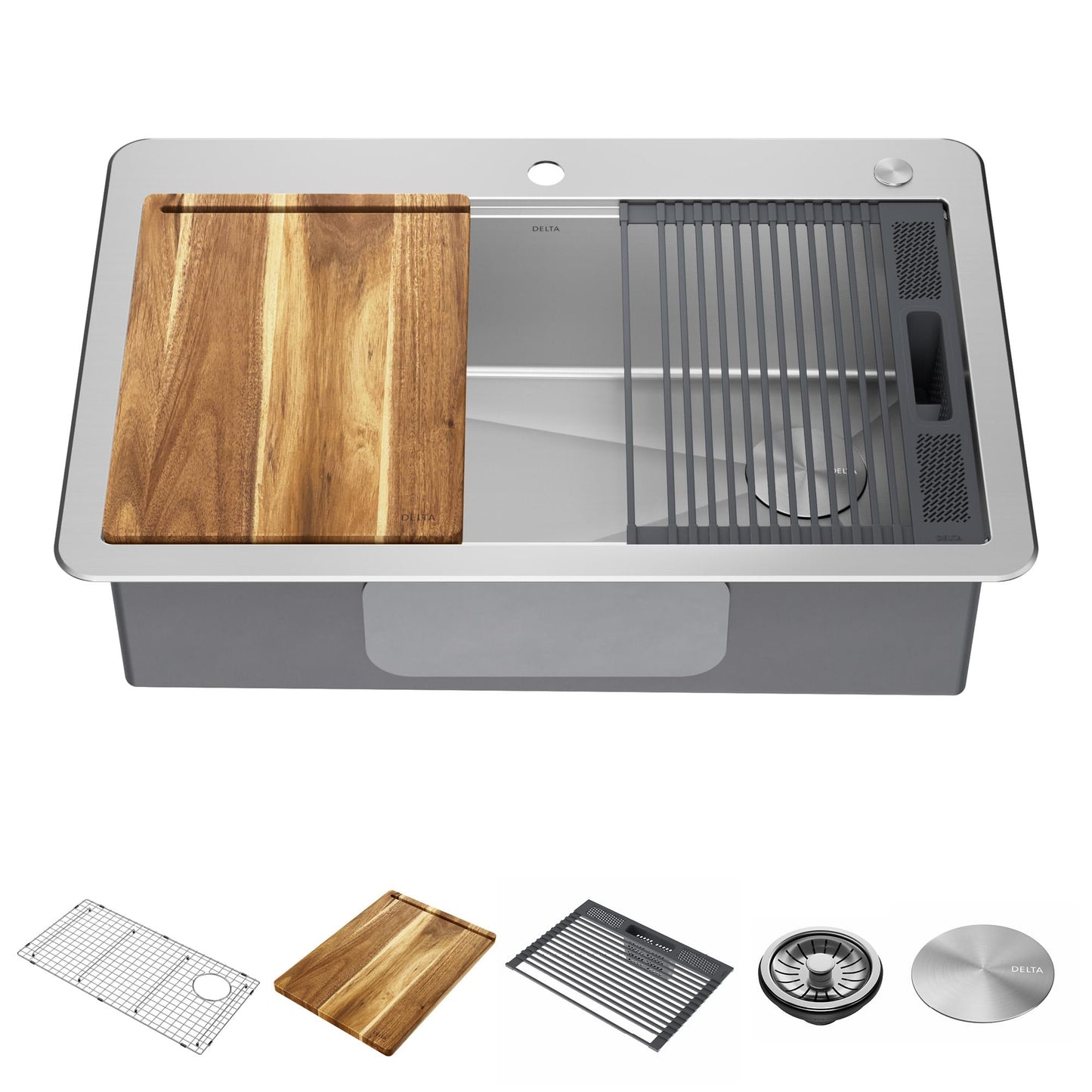 DELTA FAUCET 95A932-33S-SS Lorelai Workstation Kitchen Sink Drop-in Top Mount Stainless Steel Single Bowl with WorkFlow Ledge and Chef’s Kit of 5 Accessories