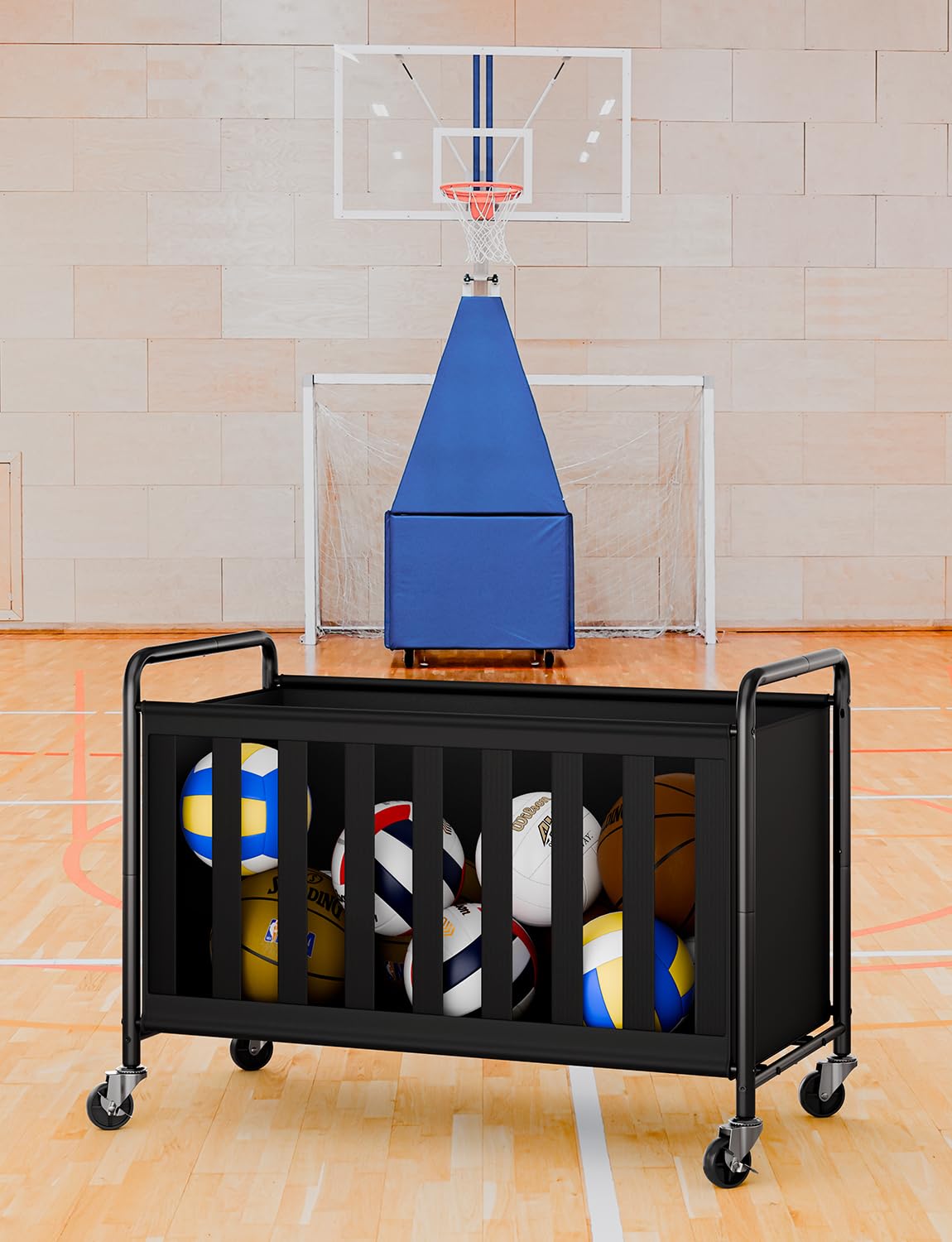 StorageWorks Ball Storage with Wheels, Ball Cart for Garage, Garage Sports Equipment Organizer with Hooks, Balls Organizer for Basketball, Football, Volleyball