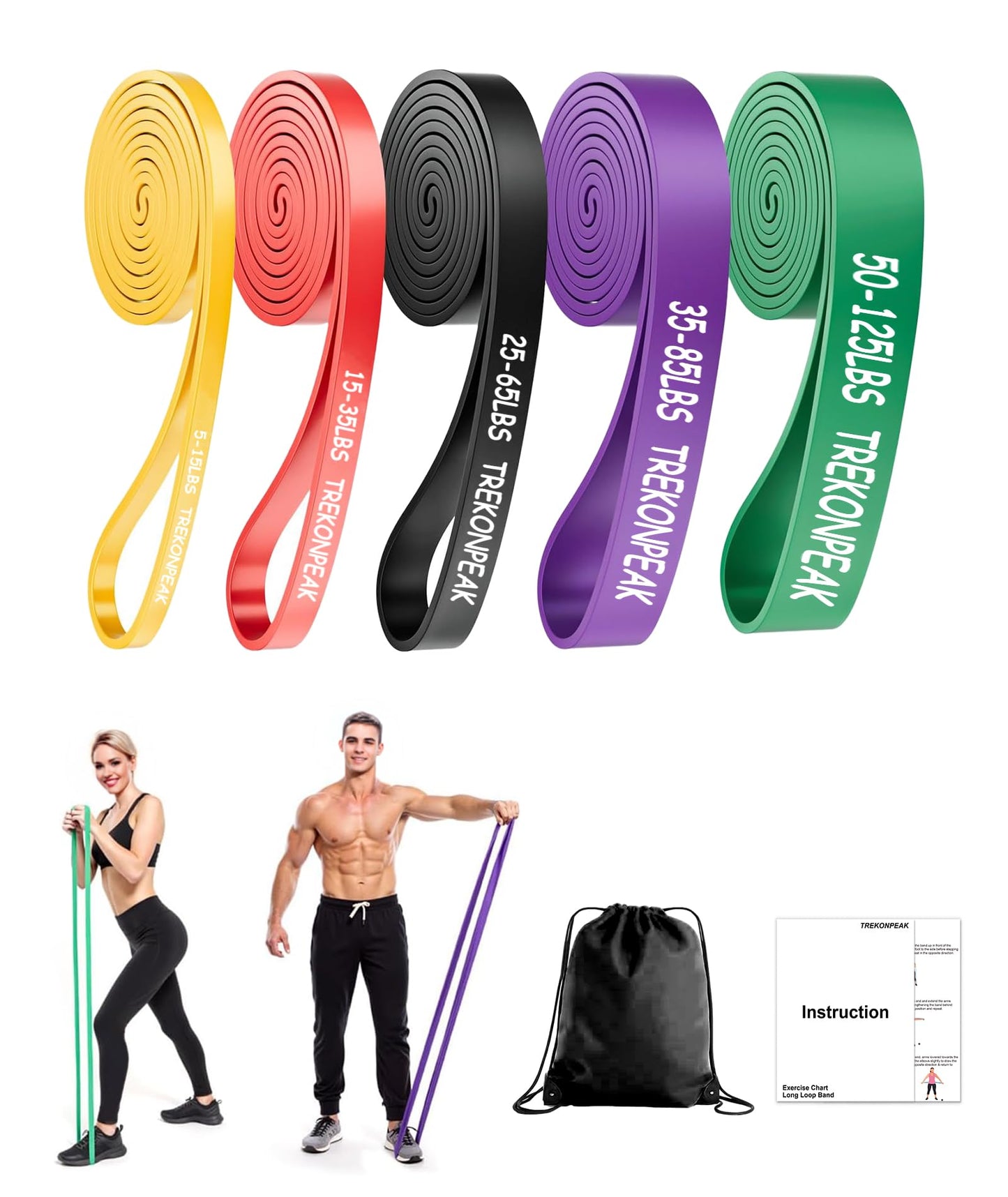 TREKONPEAK Resistance Bands for Working Out, 5-Levels Exercise Band Set, Pull Up Assistance Bands-Strength Training Physical Therapy Stretching Women Men Home Gym