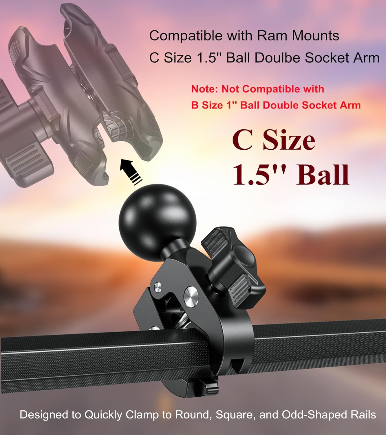 BRCOVAN 1.5'' 0.5'' 1.75'' 1.5 Inches Ball Clamp Mount Base with Aluminum Alloy Tough-Claw, Fit Handlebar Rail