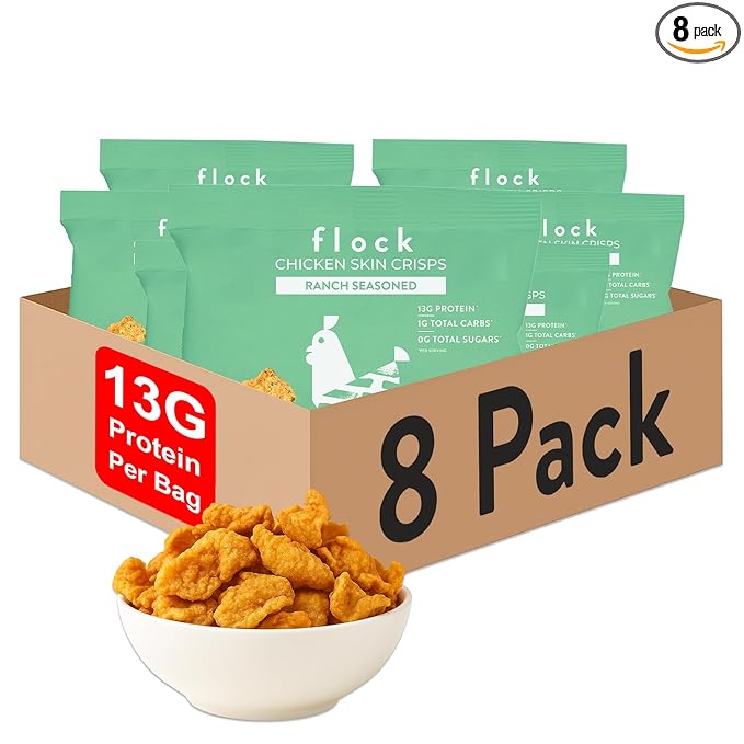 Flock Keto Chicken Skin Chips | Ranch Flavor | Low Carb, High Protein, Sugar Free, Gluten Free Fried Chicken Skins for People | (1oz) 8-Pack Crispy Flock Chips