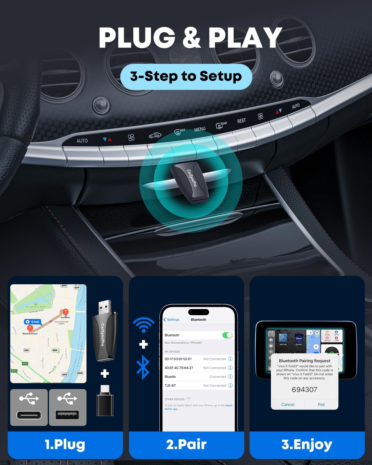 carsyncpro Control,(A/C/E/S/CLA/CLS/GLA/GLB/GLC/GLE/GLS/G-Class) Benz Wireless CarPlay Adapter, Wireless