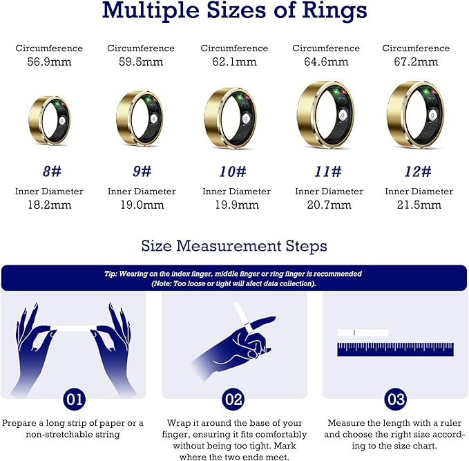 Smart Ring Health Tracker, Sleep Tracker Ring with Heart Rate, Waterproof Fitness Ring for Activity Monitoring/Steps/Distance/Calories,Air Gestures,Up to 7-Day Battery,for iOS Android (Light Gold,#11)