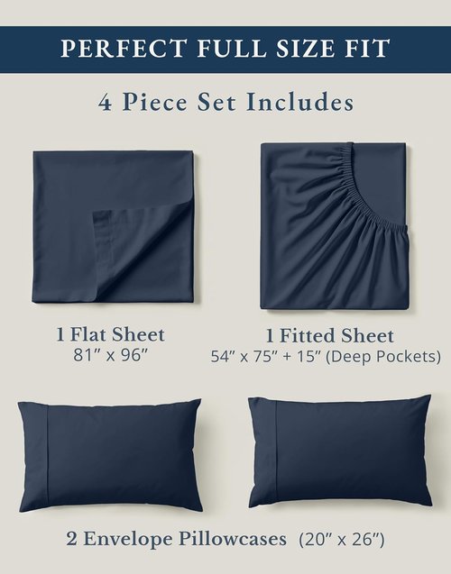 LANE LINEN Eco-Friendly 100% Organic Cotton Full Sheet Set - Soft, Fade-Resistant, Naturally Cooling, Navy