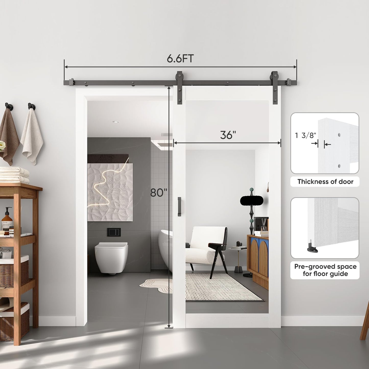 BARNSMITH 36in x 80in Mirror Barn Door with 6.6FT Sliding Door Hardware Kit Included, 1 Lites Full Length Mirror Door, Solid Wood Water-Proof PVC Surface,No Assembly Required,White