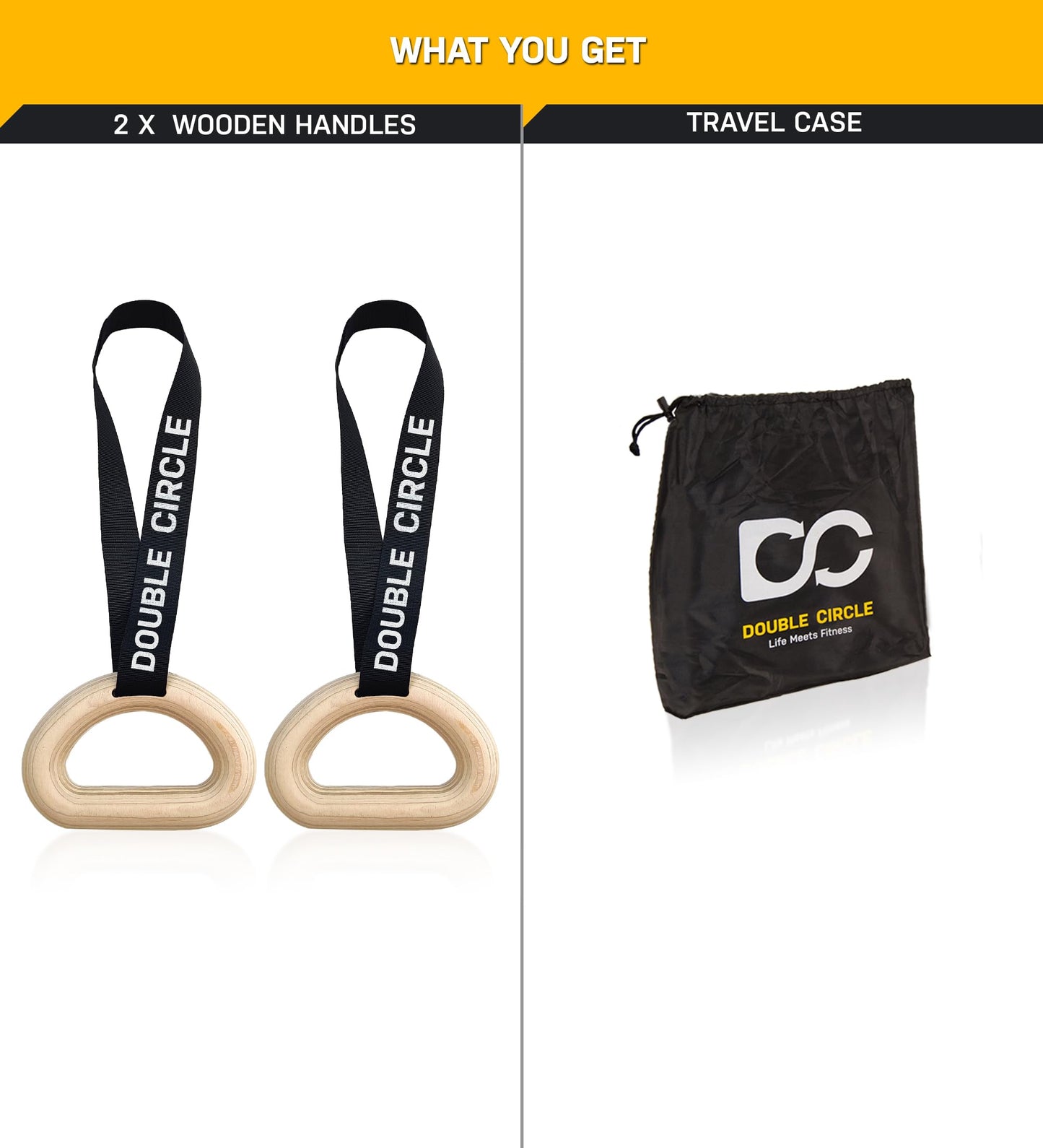 Double Circle Pull Up Handles - Pull Up Grips, LAT Pull Down Gym Handles Design - Quick Attachment to Bars and Barbell Grips - Includes Carry Bag - Suitable for Home Gym and On-The-Go Workouts