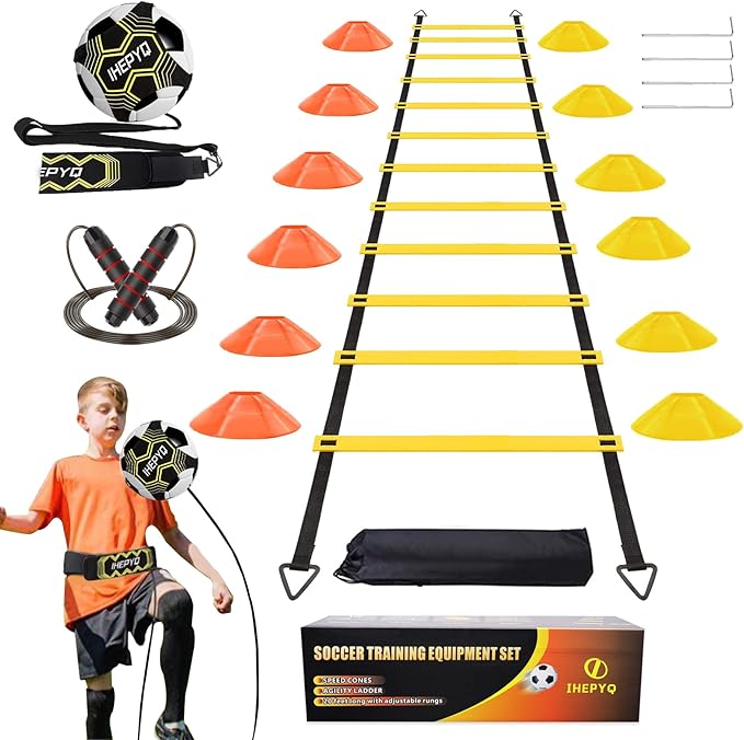 Soccer Agility Training Equipment Set, 12 Rung 20Ft Agility Ladder, 12 Disc Cones, 4 Steel Stakes, Solo Soccer Trainer, Jump Rope - Speed Training Equipment for Soccer Football Basketball