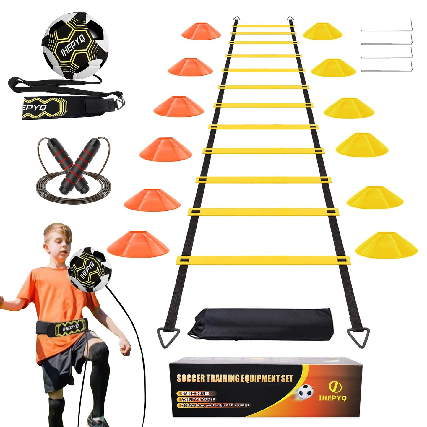 IHEPYQ Soccer Agility Training Equipment Set, 12 Rung 20Ft Agility Ladder, 12 Disc Cones, 4 Steel Stakes, Solo Soccer Trainer, Jump Rope - Speed Training Equipment for Soccer Football Basketball