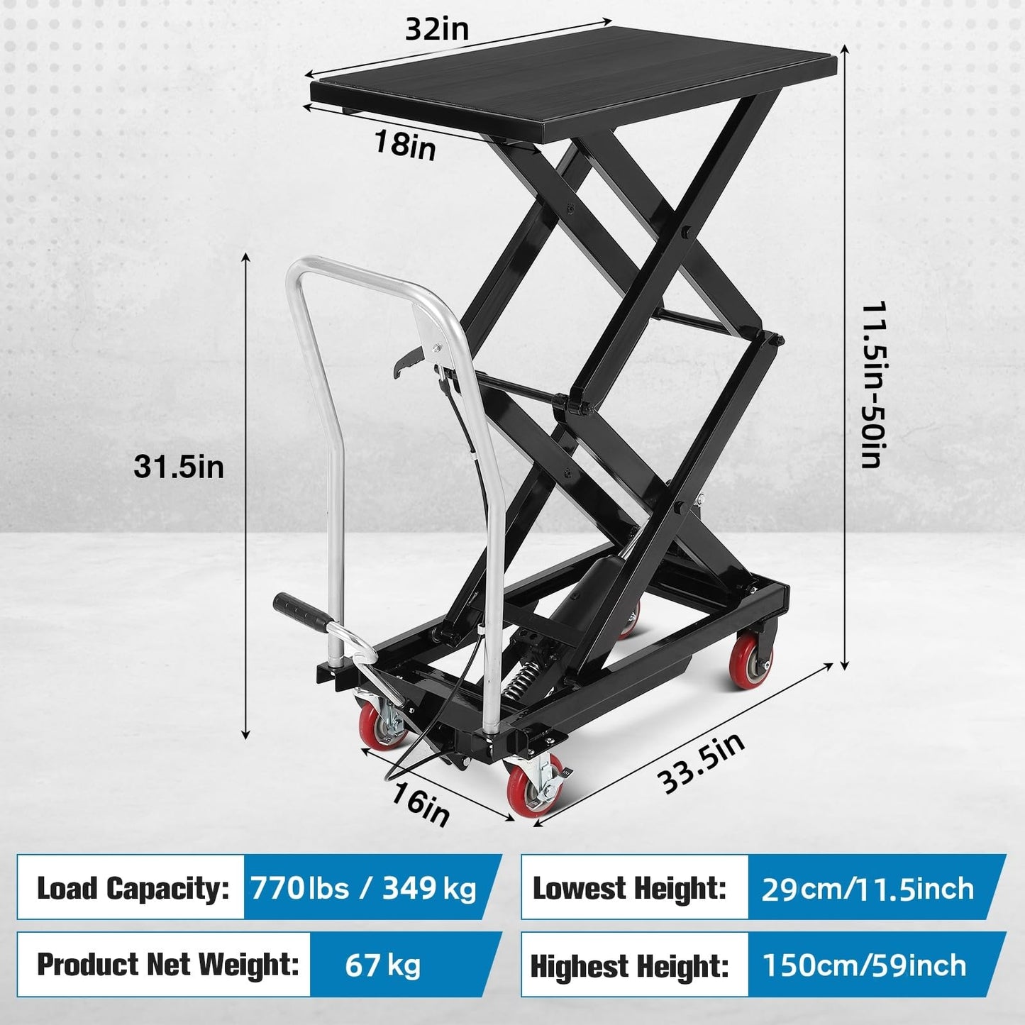 Garvee Hydraulic Lift Table Cart, 770 LBS Capacity 50 in Lifting Height, Double Scissor Lift Table with 4 Wheels and Non-Slip Pad for Material Handling and Transportation, Black