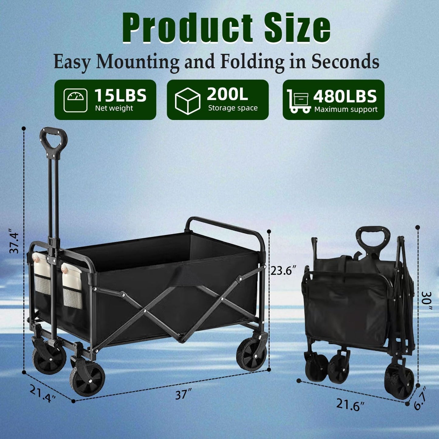 Joxir Collapsible Wagon Cart Foldable 37" L 480lbs Capacity, Heavy Duty Beach Wagon, Shopping Carts with Wheels for Grocery, Camping, Shopping, Fishing, Garden Cart