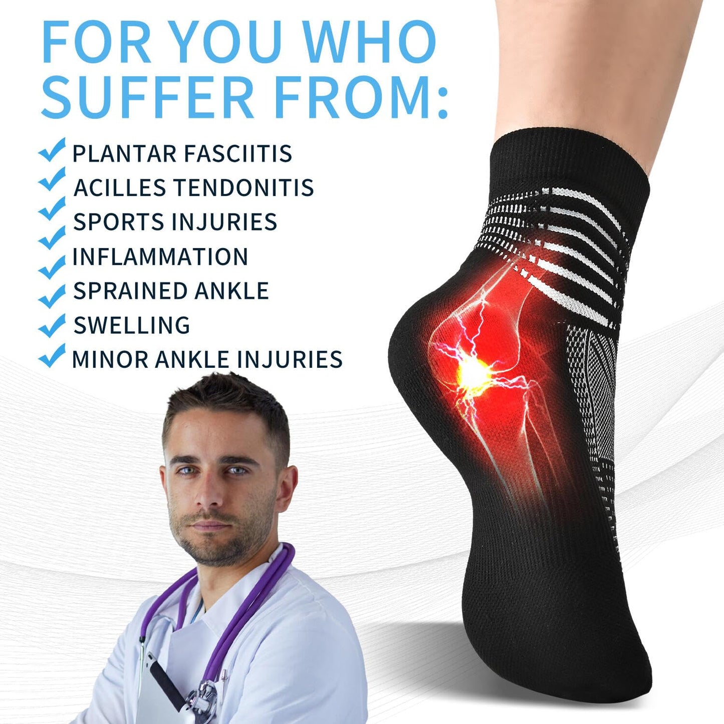 IRAMY Compression Ankle Support Socks Wicking Cushioned Athletic Plantar Fasciitis Relief Men Women 3 Pairs