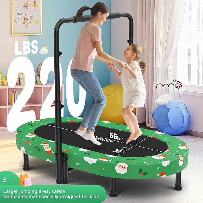 ANCHEER 56" Double Mini Trampoline for Kids, Mini Rebounder with 5-Level Adjustable Handle, Parent-Child Trampoline for Kids, Max Load 220lbs, Fun for Indoor/Outdoor