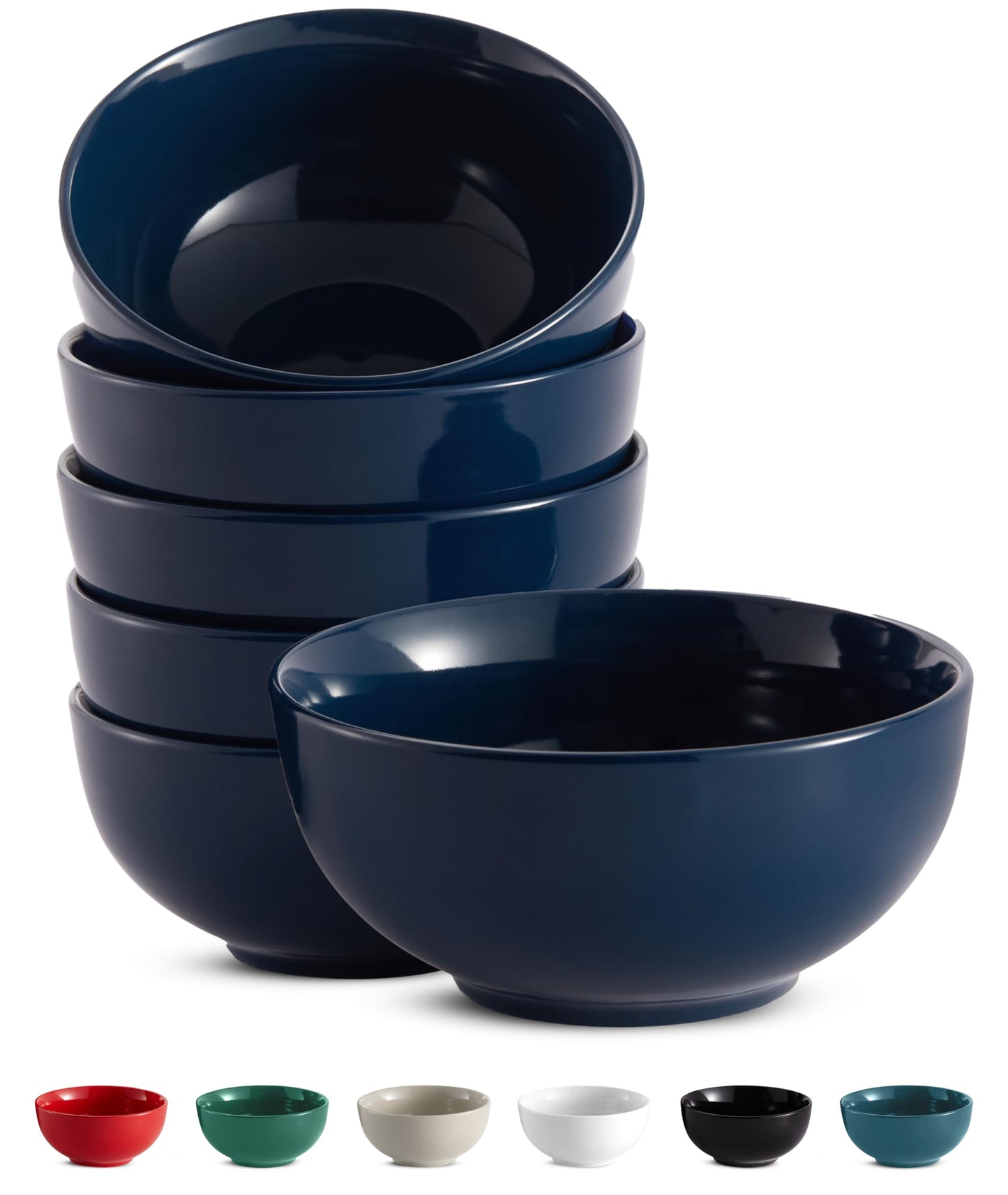 KooK Soup Bowls, Cereal Bowl, Ceramic, Bowls for Kitchen, Microwave, Dishwasher and Freezer Safe, Porcelain Dishes for Pasta, Salad, Oatmeal, Deep Interior, 20 oz, Set of 6, (Navy)