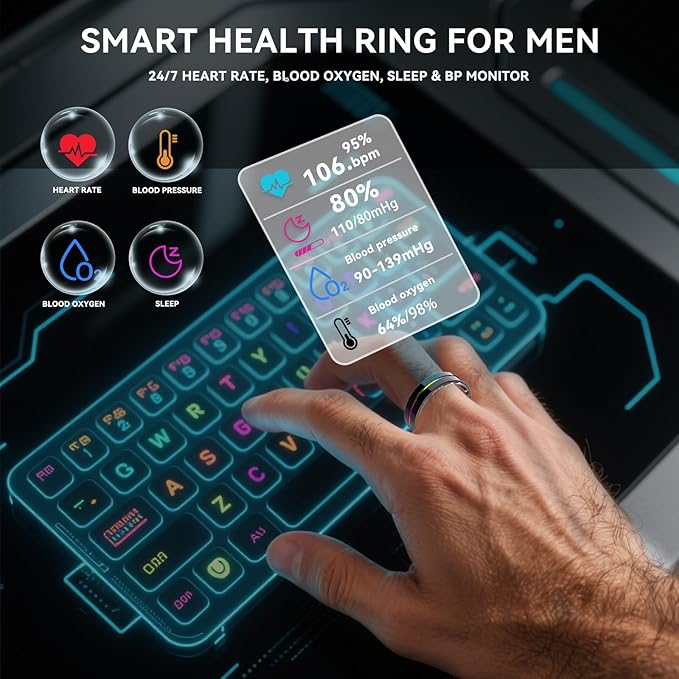 Smart Ring for Women Men,Health Fitness Tracker with Sleep/Blood Pressure/Oxygen Monitoring, Heart Rate & Activity Tracking,IP68 Waterproof, 7-Day Battery,No Subscription Fee 3-Black 13