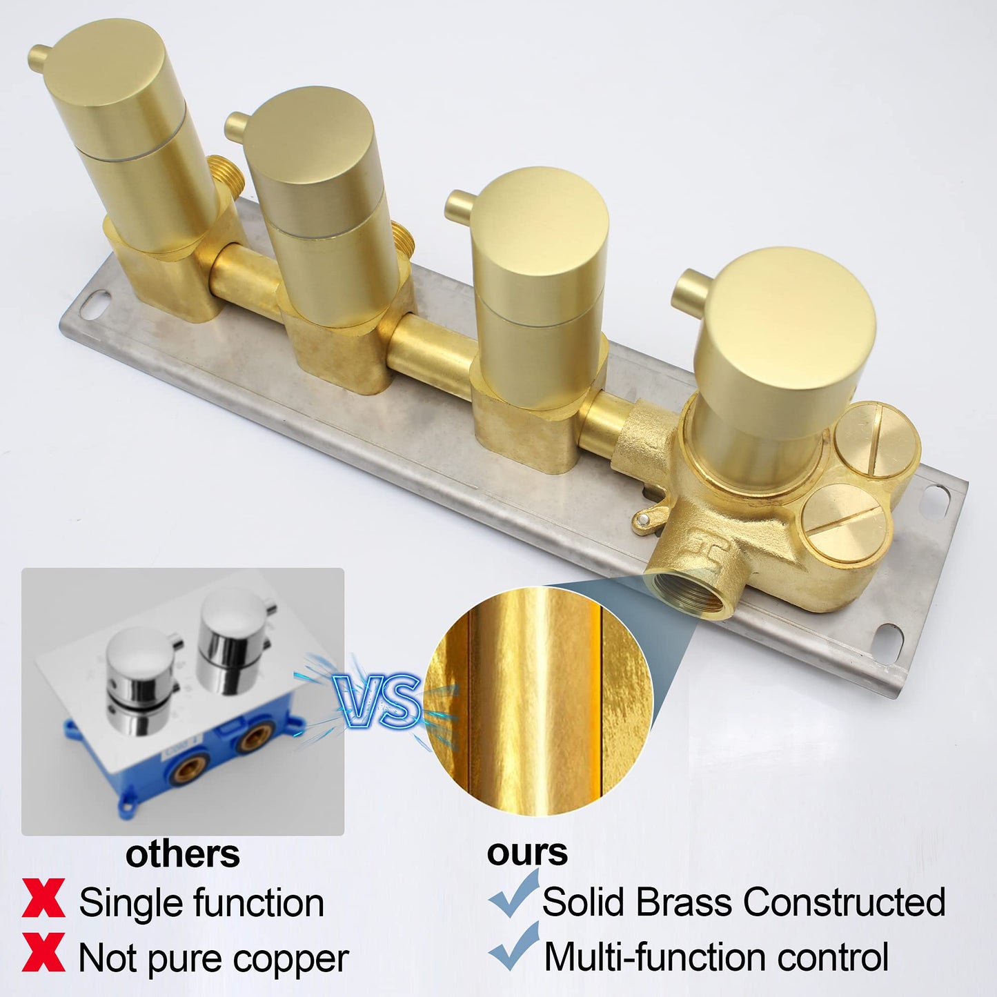 HOMEDEC 3 Function Shower Mixing Valve and Trim Kit, Brushed Gold 3 Ways Thermostatic Valve Flow Volume Control Vertical Shower Diverter Selector