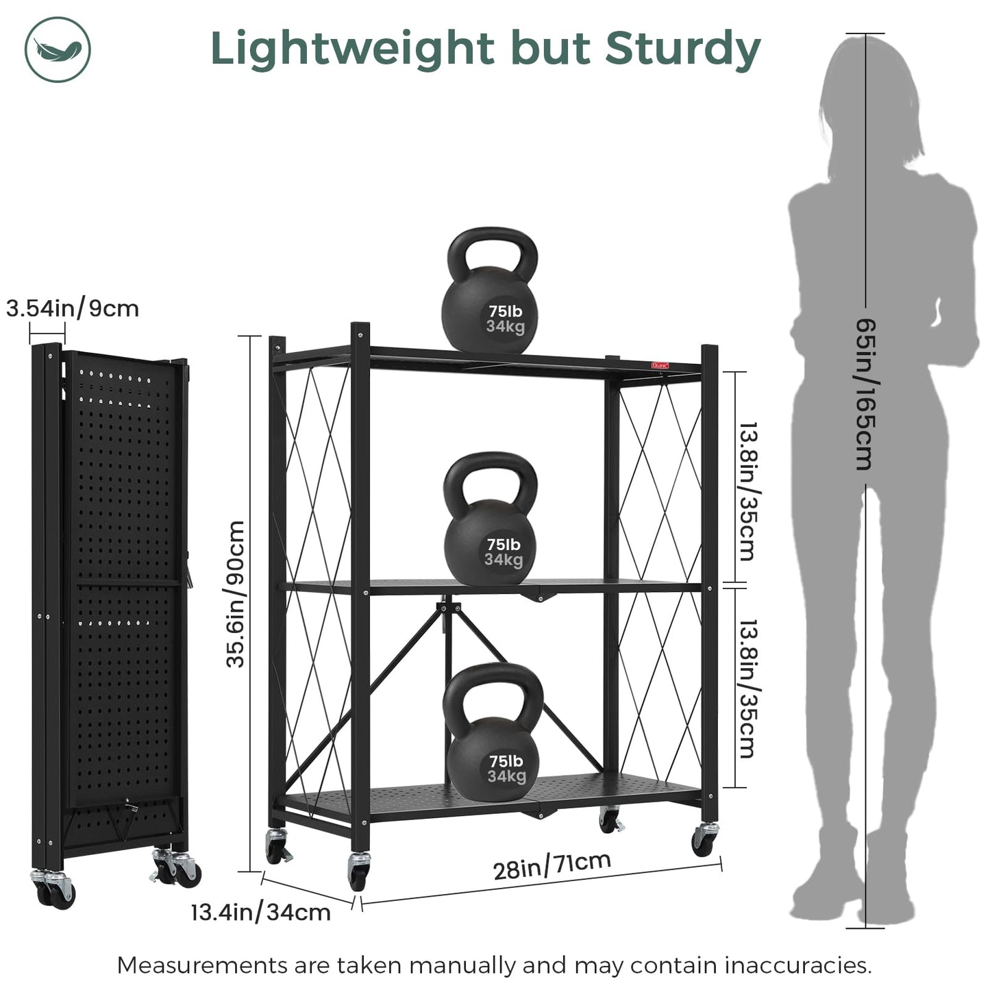 DEANIC 3 Tier Foldable Storage Shelves with Wheels, Kitchen Appliance Stand, Freestanding Metal Wire Shelf Rack, No Assembly Organizer Rolling Cart for Garage, Basement, Pantry(Black Pack of 2)