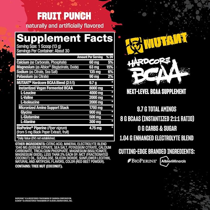 Mutant Hardcore BCAA - Pre, Intra or Post Workout ??BCAA Next Level branched-Chain Amino Acids Supplement ??Hydration + Recovery - 30 Serving - Fruit Punch