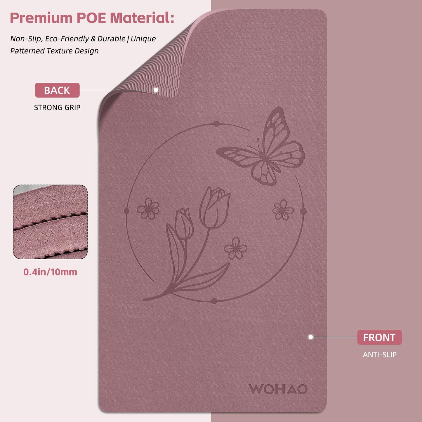 WOHAO Large 76"x40"x0.4" Yoga Mat - Extra Width & Thick Non-Slip Exercise Mat, Versatile for Stretching, Yoga Studio, Gym, Home & Indoor/Outdoor Workouts (Dull Pink)