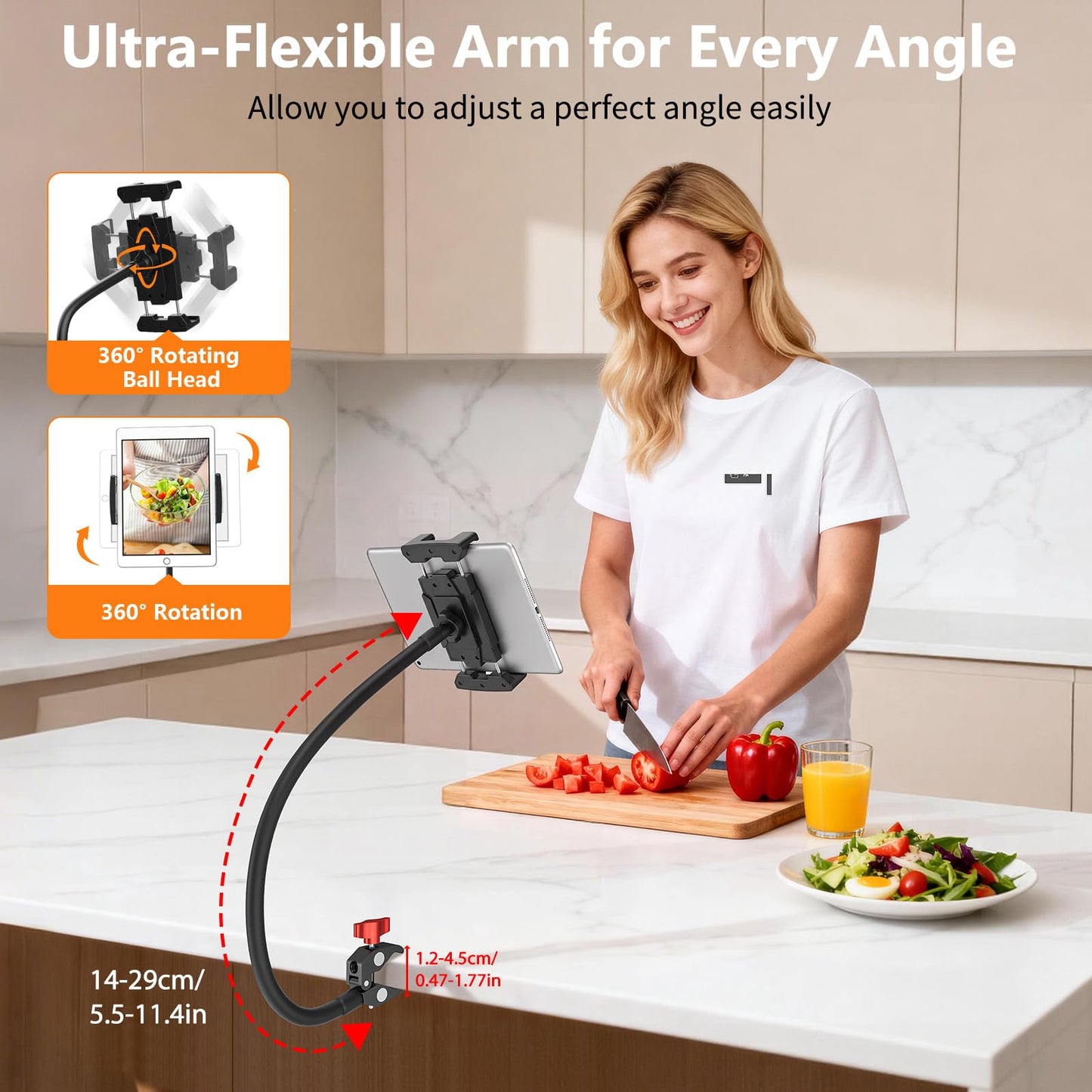 Gooseneck Tablet Holder, 19.69" Metal Crab Clamp iPad/iPhone Mount for Stroller/Treadmill/Golf Cart/Boat/Mic Stand/Gym Bicycle Handlebar Clamp/Desk, Compatible with 4-13" iPad Pro/Air/Mini/E-book