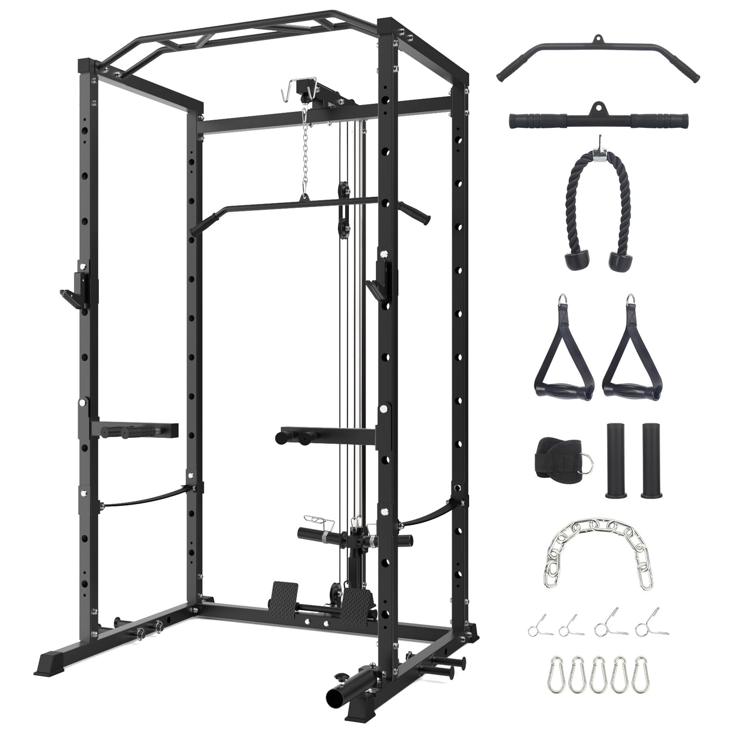 Power Cage with LAT Pulldown Machine - Squat Rack for Home Gym, Multi-Functional Weight Cage with Cable Pulley System, Dip Bars & Landmine Attachment