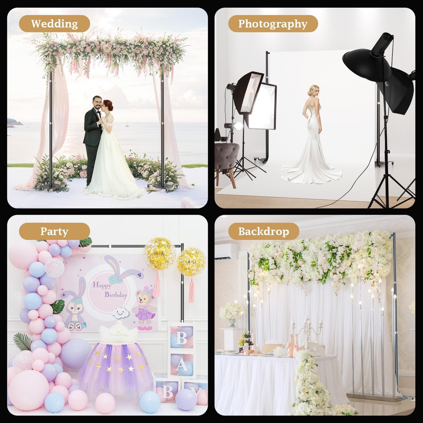 EMART Pipe and Drape Backdrop Stand Kit, Heavy Duty Adjustable Photo Background 10ftx10ft with Wheels, Metal Frame with Flat Base for Photography Wedding Birthday Party Decorations-Black