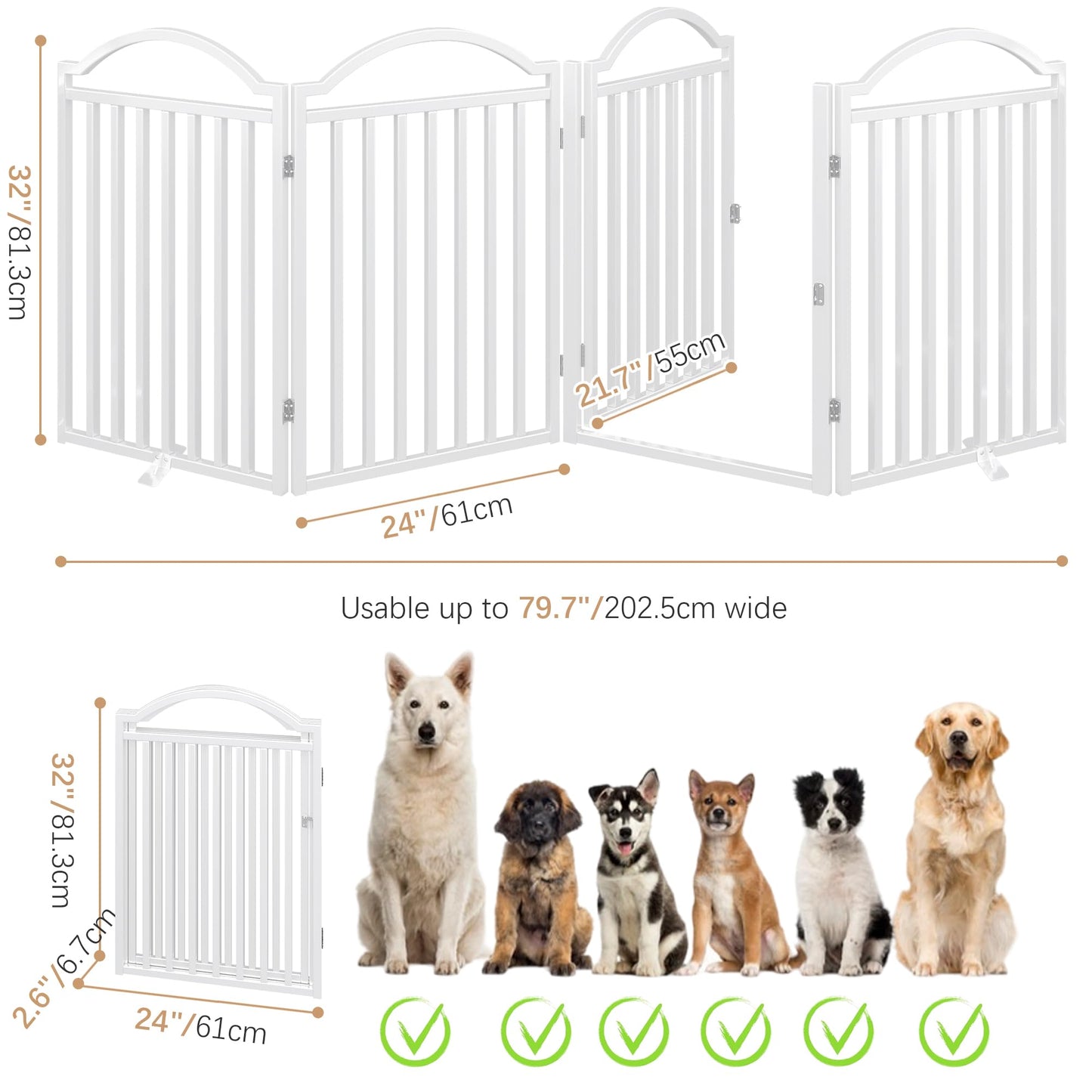 BHG Metal No-Assembly Freestanding Dog Gate with Door Walk Through, Extra Wide 96", Extra Tall 32" Pet Gate, Accordion Puppy Folding Playpen Dog Fence for Indoor & Outdoor, with 2PCS Support - White