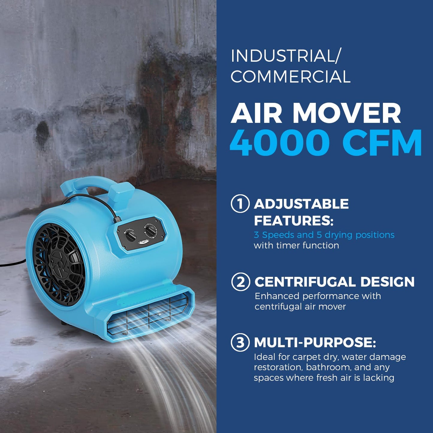 ALORAIR 4000 CFM Air Mover Blower Fan for Industrial, Floor Drying Fan, Carpet Dryer - Timer, Stackable, 3 Speeds, 5 Adjustable Angles Ideal for Water Damage Restoration and Plumbing - GE4000T