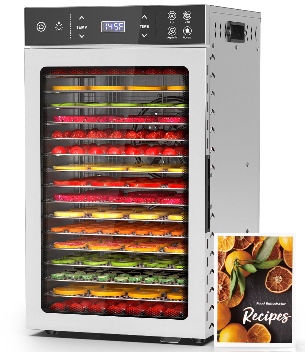 HOPERAN Food Dehydrator Stainless Steel - 800W Electric Dehydrator Machine with 4 Presets, Adjustable Timer, Temperature Control, Digital Food Dryer for Herb, Dog Treats,Meats & Veggies (16 Trays)