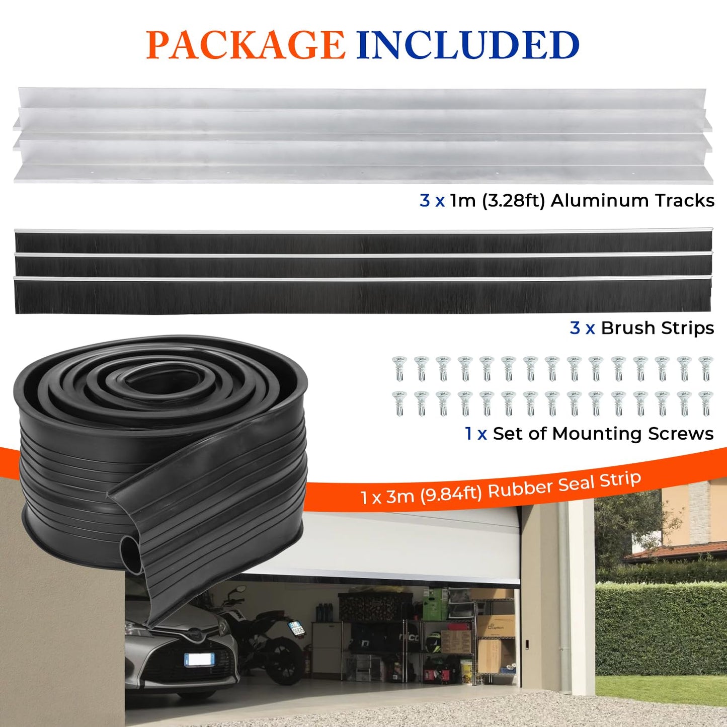 ‌POWLAB Universal Garage Door Seals Kit -10FT EPDM U+O Bottom Rubber Weatherproof Seal & Brush, Pre-Drilled Aluminum Track Retainer Base Kit for Steel/Wooden Doors, Noise Reducing