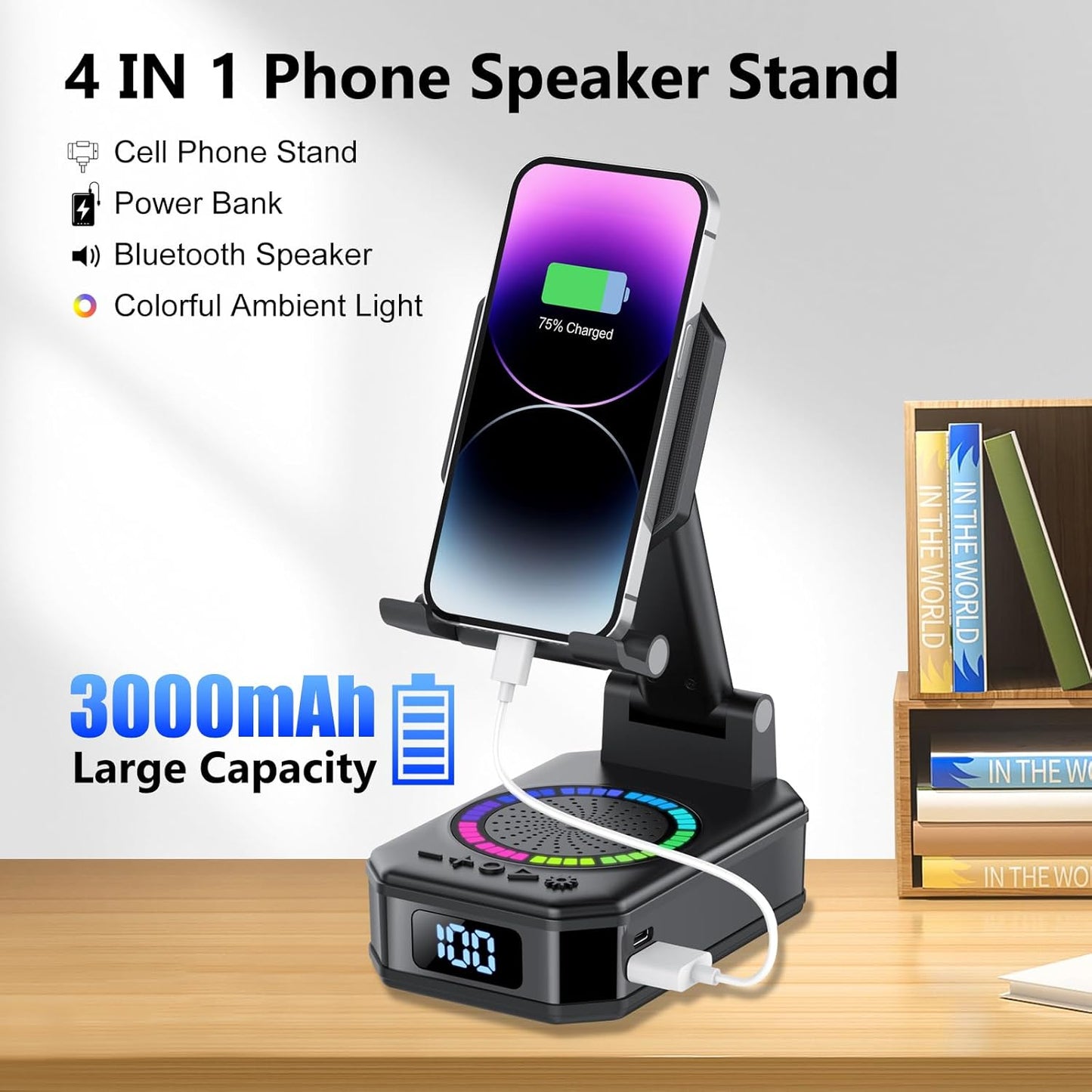 buwy 8 Gifts for Men Women, Cell Phone Stand with Wireless Bluetooth Speaker and RGB Ambient Light, Anti-Slip Base HD