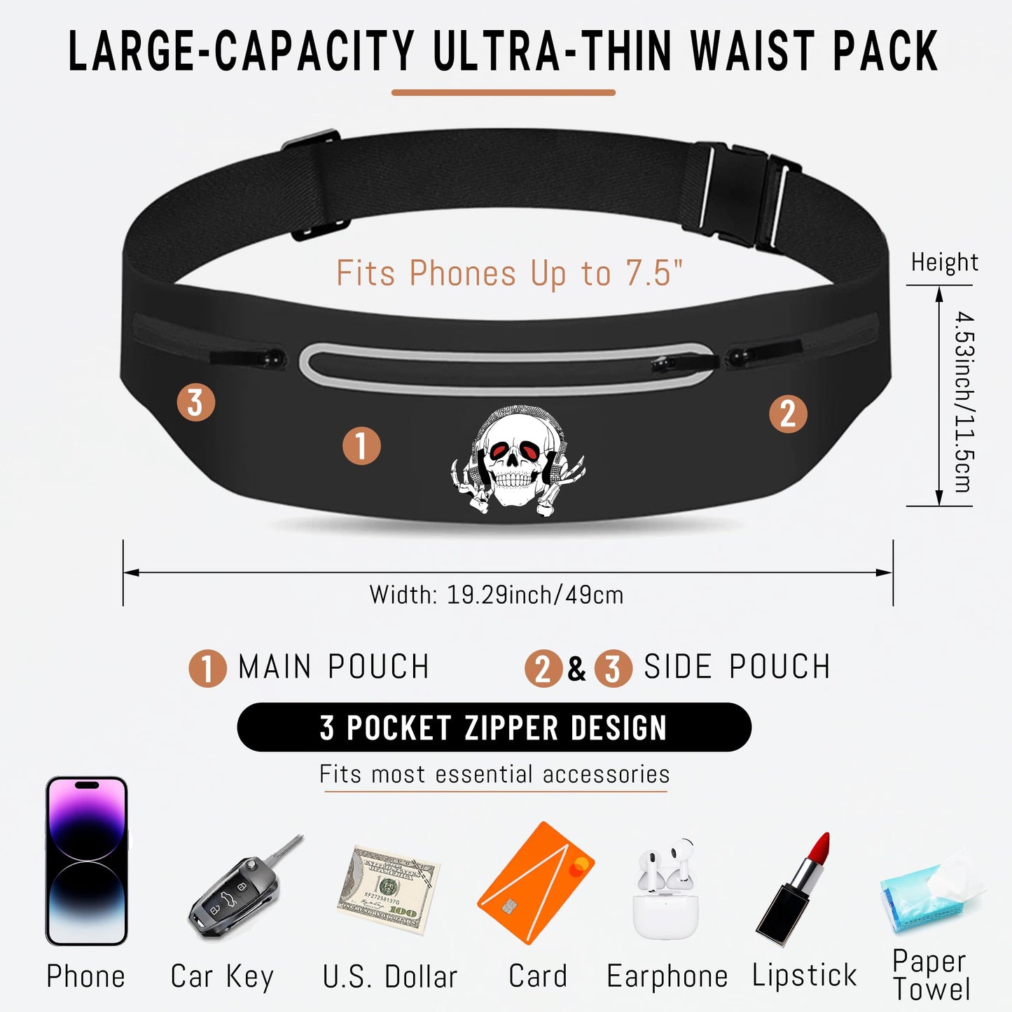 Music Skull Running Belts for Women and Men,Runner Waist fanny pack Wallet Holder,Waterproof Reflective phone holder,Cool Rock Skeleton Fitness Belt with 3 Zipper Pockets,Marathon Cycling Gear Gift