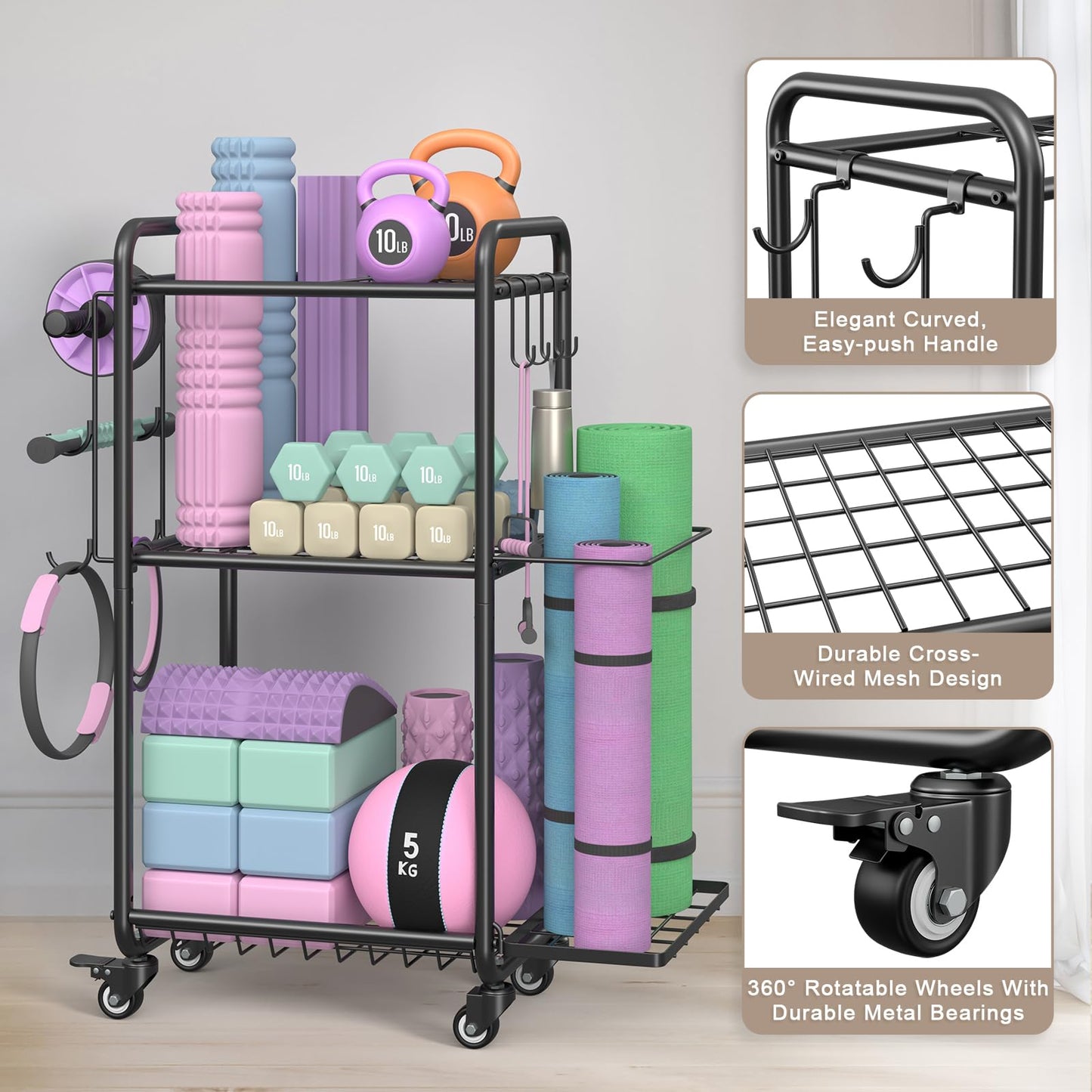 Multi-Functional Home Gym Storage Rack - Yoga Mat Storage Rack, Dumbbell Weight Rack & Workout Equipment Storage with Heavy-Duty Steel Construction for Gym Fitness Organizer (Black)